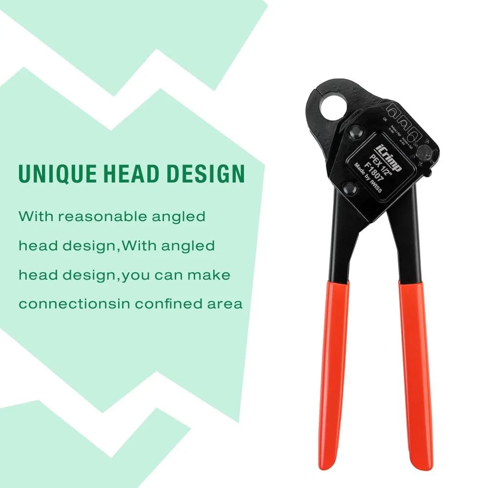 Angled Head PEX Pipe Crimping Tool for 1/2 inch Copper PEX Crimp Rings - Meets All US F1807 Standards - Perfect for Plumbing, HVAC, and Water Supply Installations