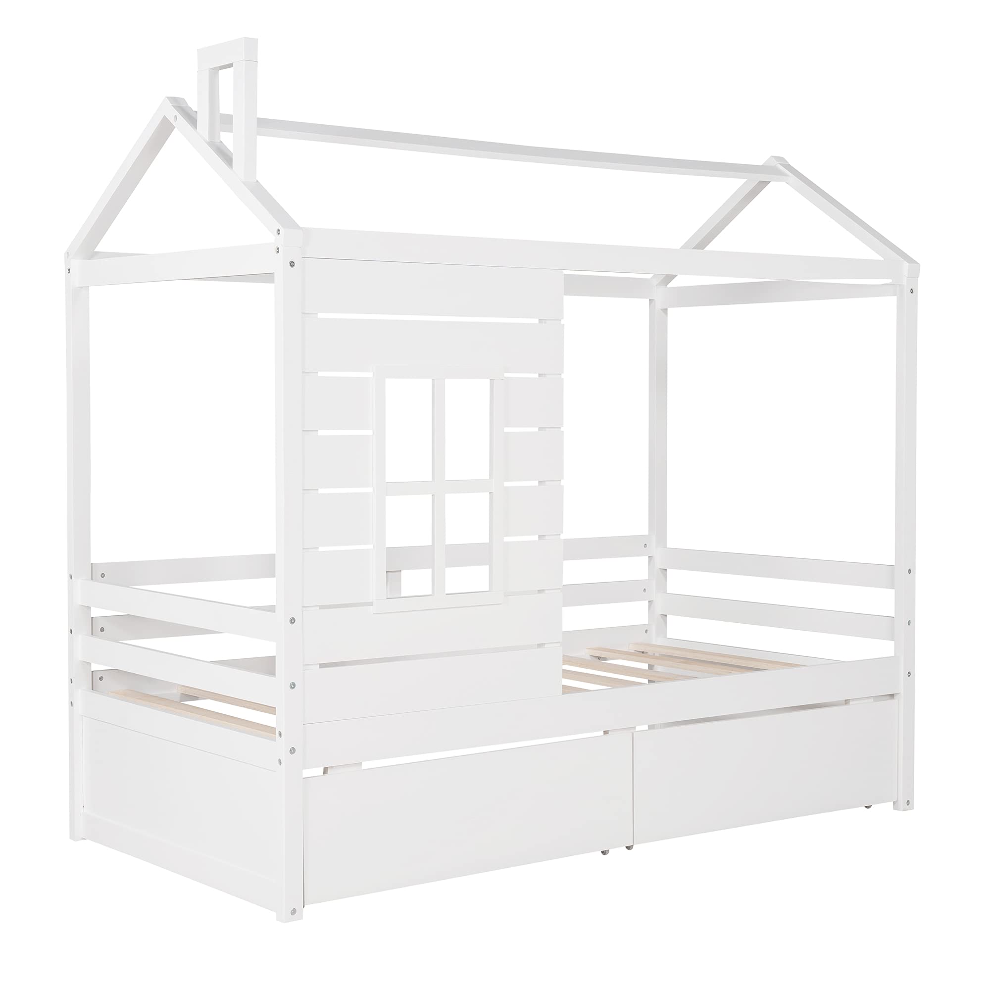 Wooden House Bed Frame with Roof, Window & Guardrail - Twin Size Kids Bed with 2 Storage Drawers - Perfect for Boys, Girls, Teens & Children's Bedroom Decor - Playful Sleep Space for Imaginative Play & Cozy Nights