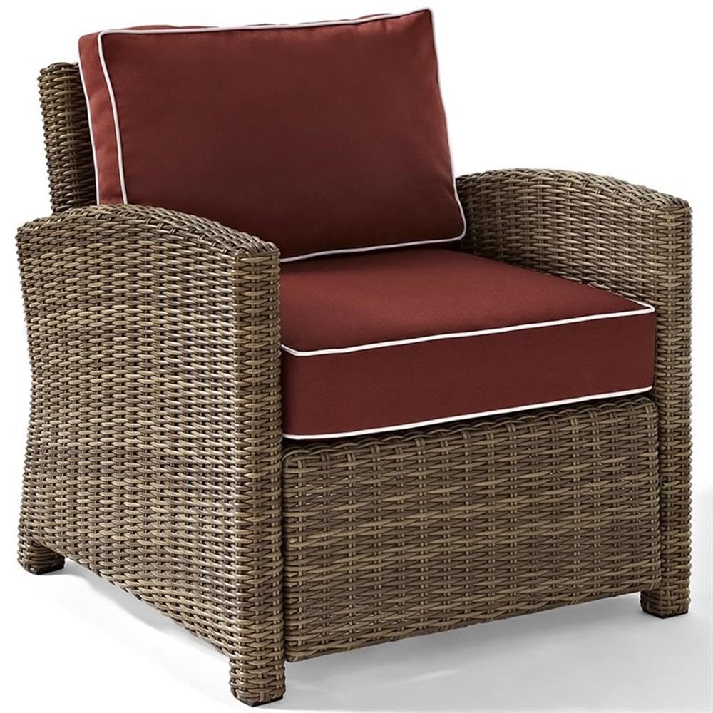 Pemberly Row Brown and Sangria Wicker Patio Chair - Outdoor Lounge Furniture for Garden, Poolside & Backyard Relaxation