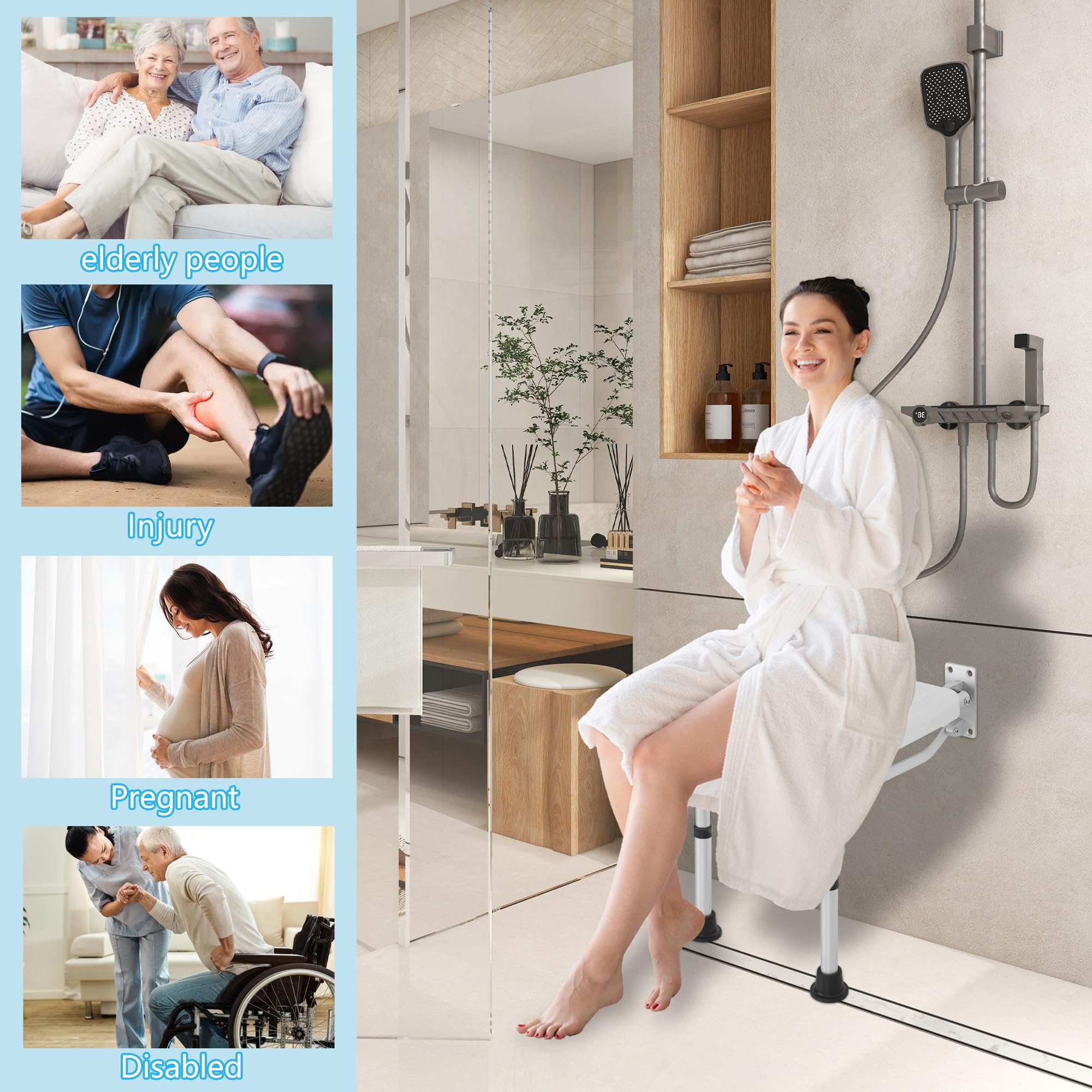 BQKOZFIN Adjustable Height Wall Mounted Folding Shower Seat - Foldable Shower Chair for Elderly & Disabled - Space Saving Bathroom Stool for Small Showers, Bathtubs & Tight Spaces - Ideal for Seniors Safety & Compact Bathroom Storage
