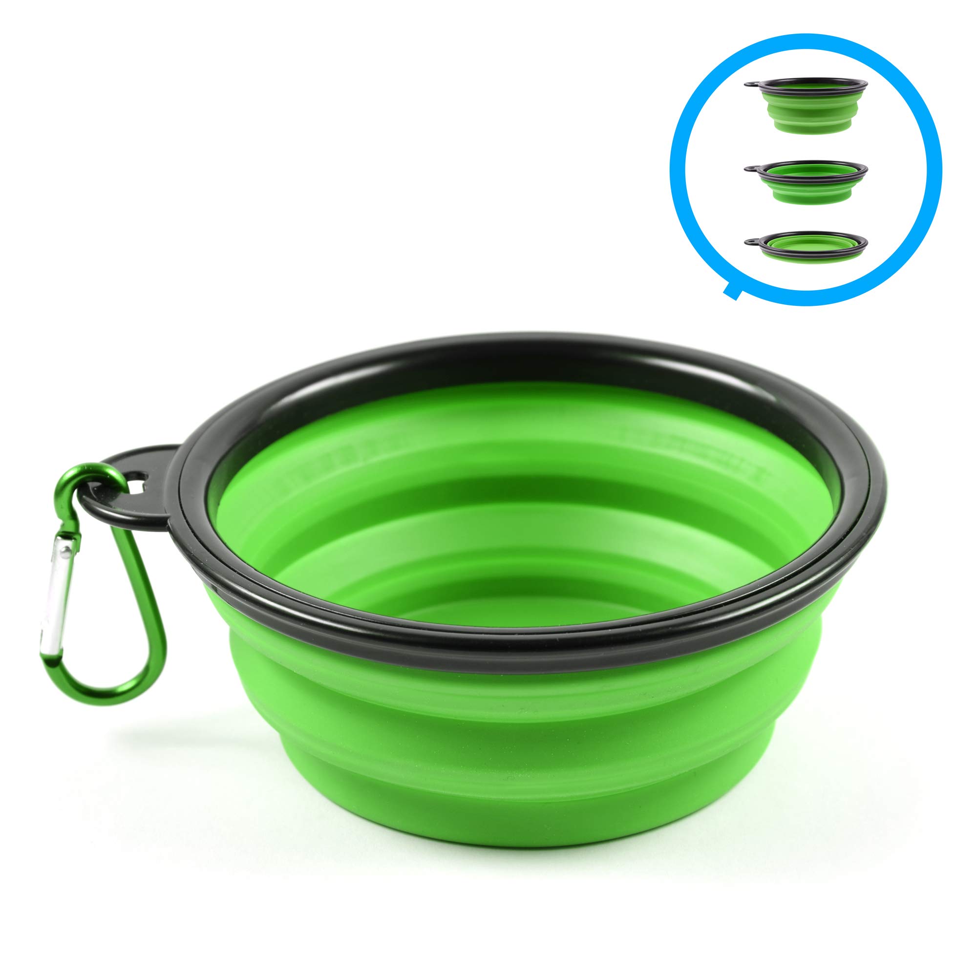 Foldable Collapsible Silicone Pet Travel Bowl for Dogs & Cats - 350ml Portable Water Food Dish with Carabiner Clip (Green) - Perfect for Hiking, Camping & Outdoor Adventures