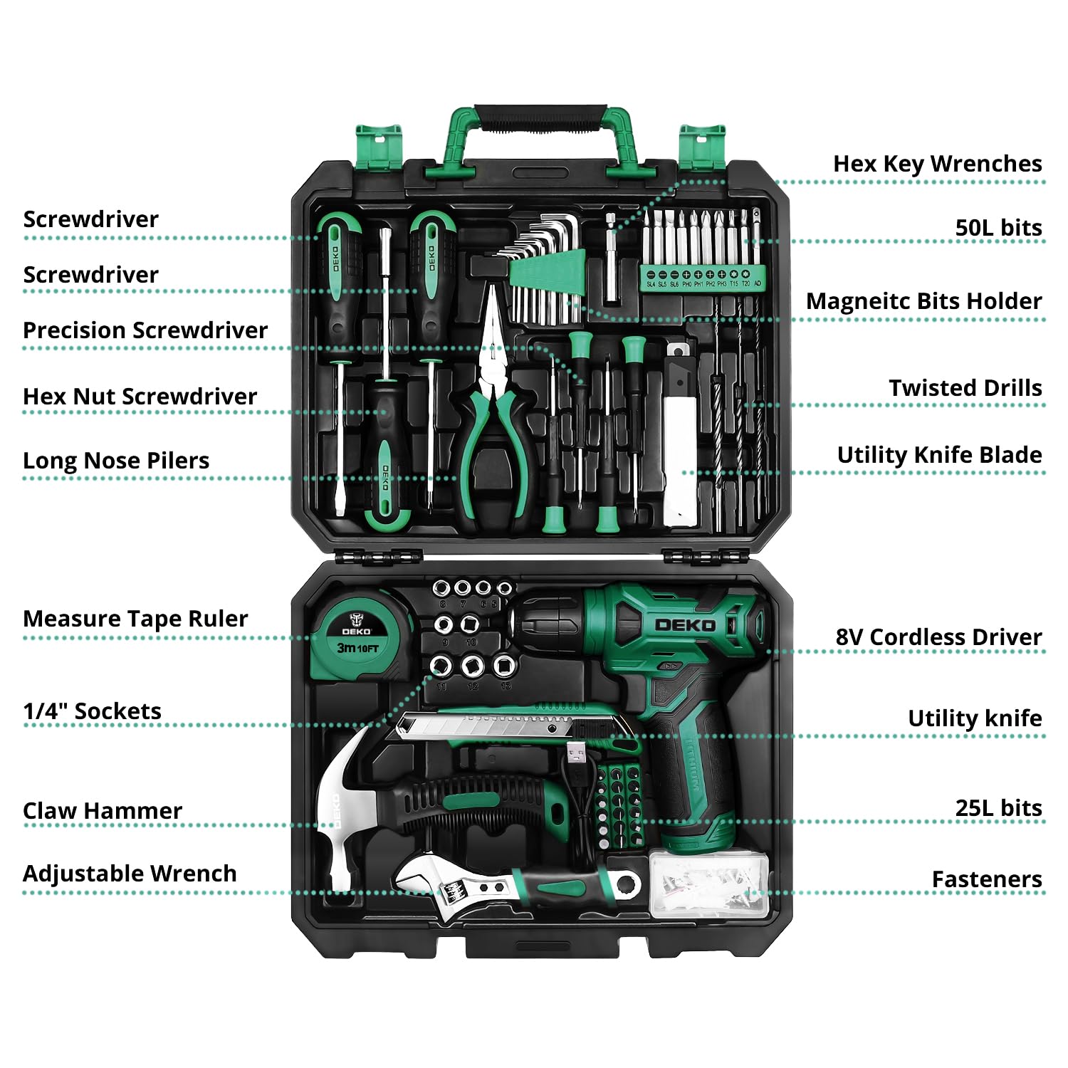DEKOPRO 8V Cordless Drill Set - 126 Piece Home Tool Kit with Green Drill, Screwdriver Bits & Accessories for DIY Projects, Home Repairs & Women Handymen