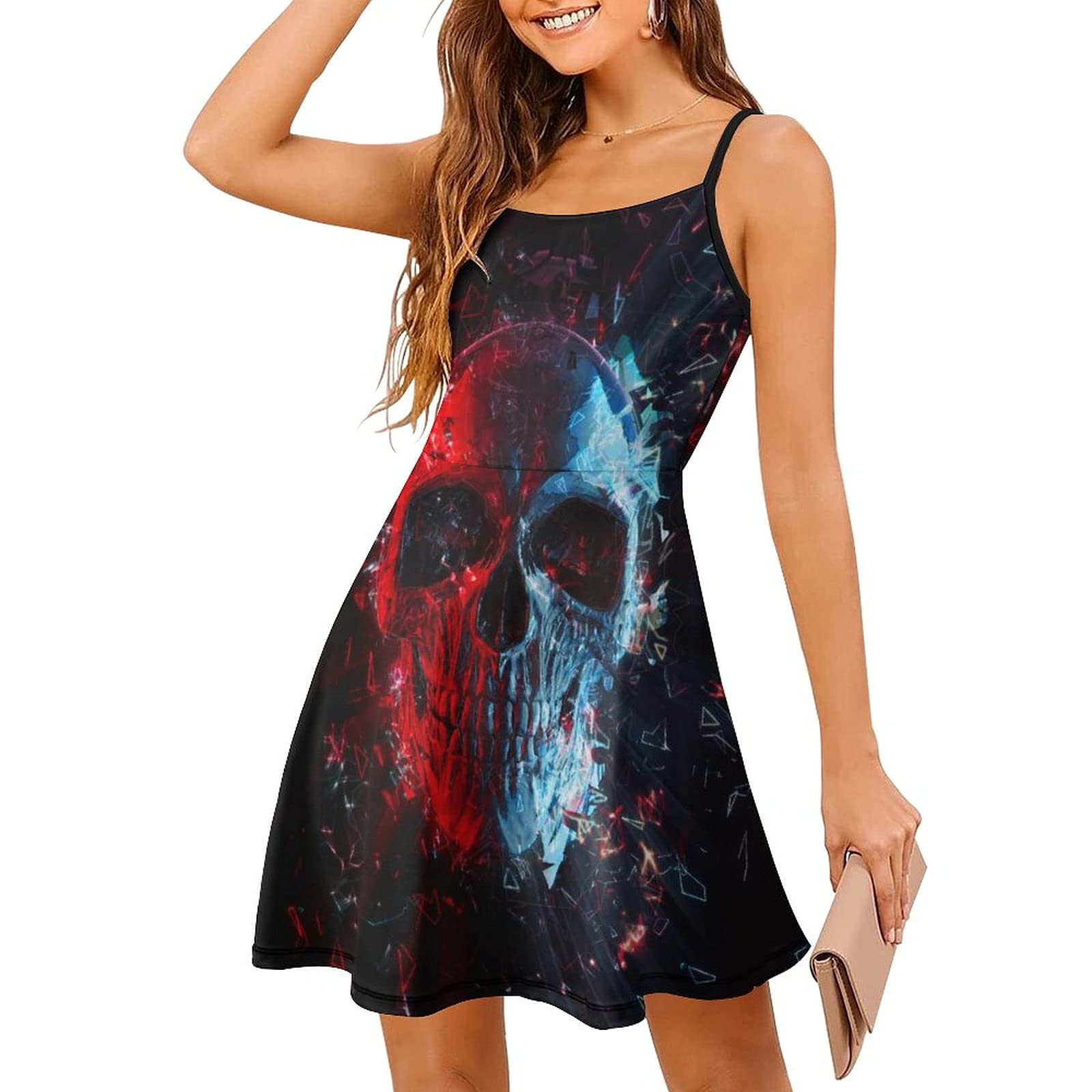 BAIKUTOUAN Ice Fire Skull Sling Dress - Women's Sleeveless Mini Beach Dress for Summer, Pool Party, Music Festival, and Vacation Outfits