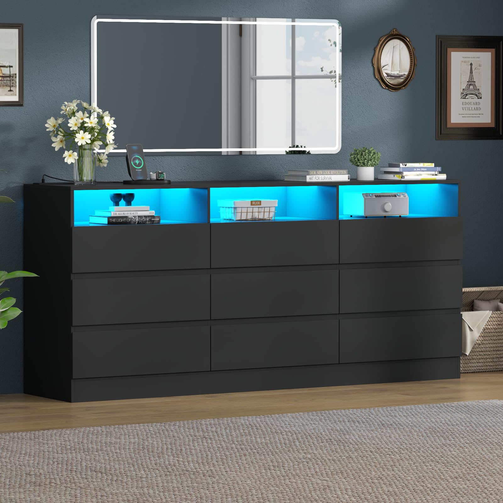 9-Drawer Dresser with Power Outlet & LED Lighting - Modern Large Storage Cabinet with Handles, Free Drawers for Bedroom, Closet & Living Room - Perfect for Organizing Clothes, Accessories & Home Decor (Black)