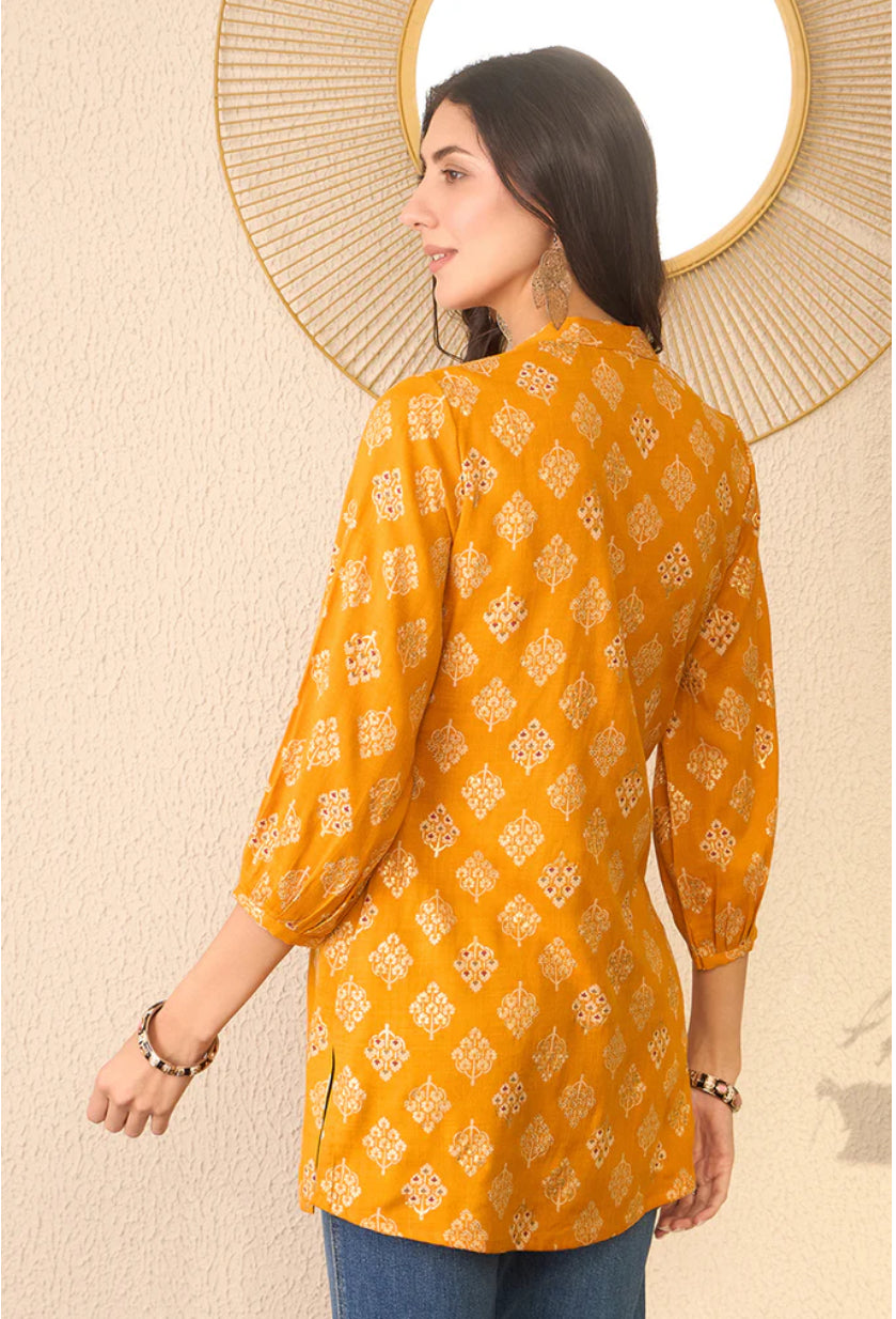 Stylish Yellow Cotton Blend Floral Printed Tunic Top for Women - Casual Summer Wear, Beach Cover-Up & Boho Outfit