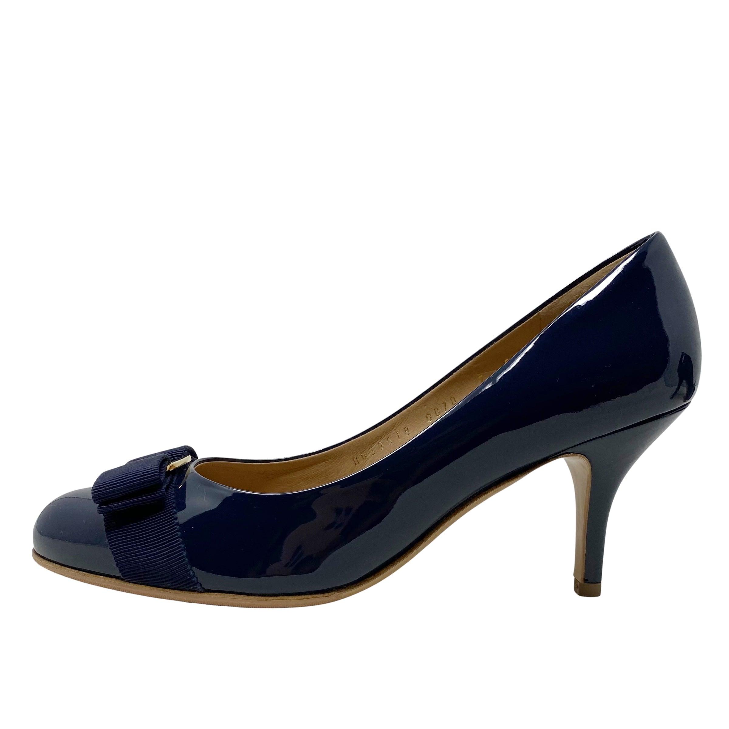 Ferragamo Blue Carla Pumps Women's Heels Size 7C - Elegant Pointed Toe Dress Shoes for Office, Party & Wedding Occasions