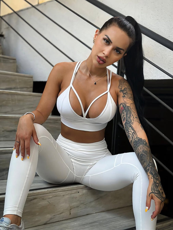 ZASUWA Women's Sexy Push Up Tracksuit Set - Cross Back Design & Juicy White Color for Gym, Workout & Casual Wear