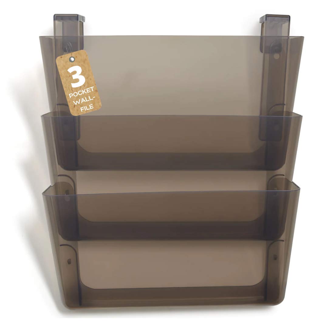 1InTheOffice Unbreakable 3-Pocket Plastic Wall File Holder - Smokey Black Letter Organizer for Office, Home & School - Durable Wall-Mounted Document Storage with 3 Pockets