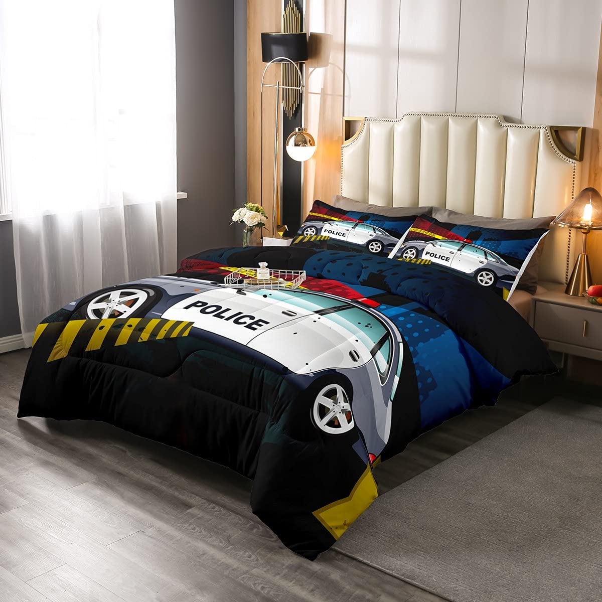 Full Size Police Car Comforter Set for Kids - Boys' Policeman Themed Bedding with Emergency Responder Vehicles Design, Includes 1 Down Comforter & 2 Pillow Cases - Perfect for Detective Themed Bedroom Decor & Kids' Room Makeover
