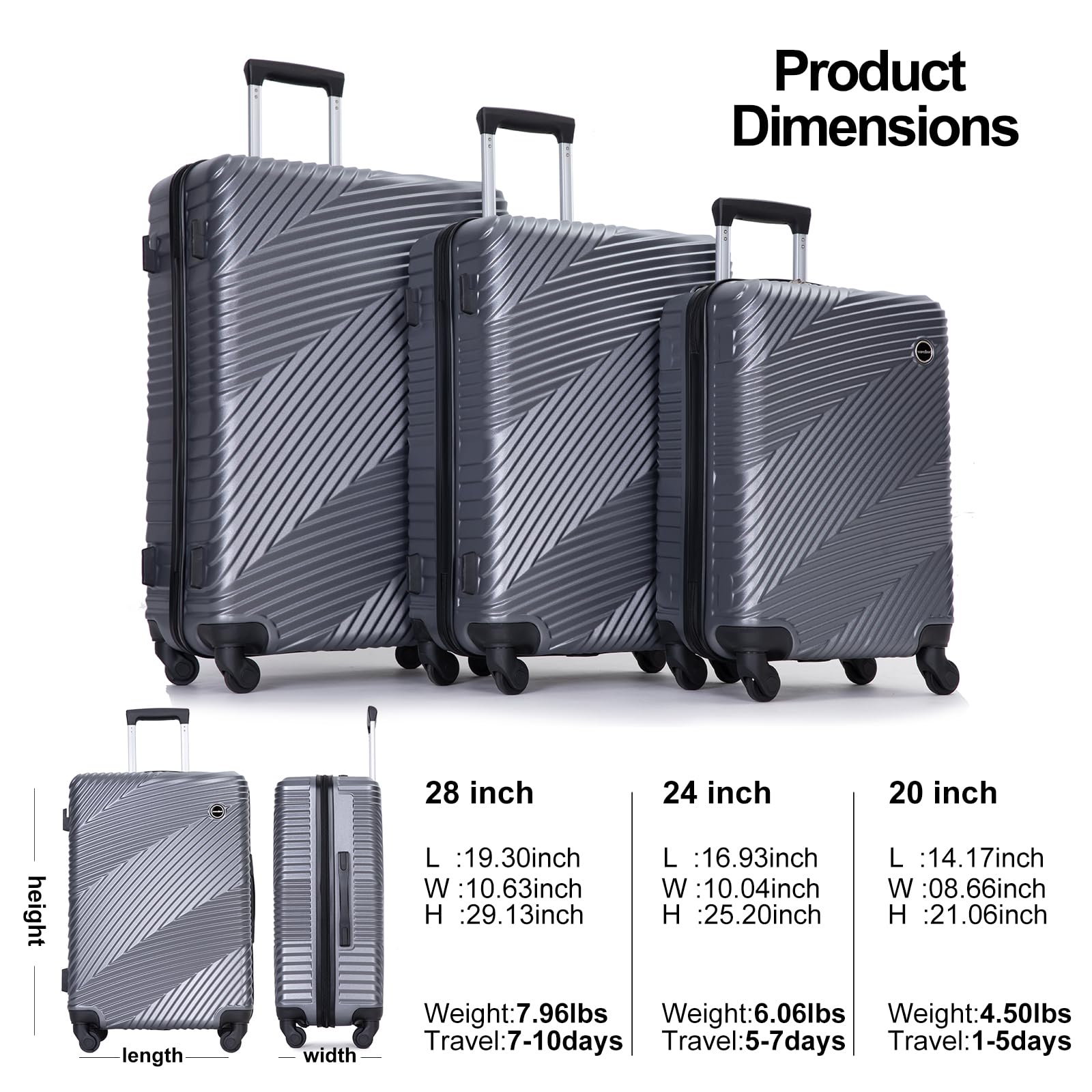 Durable Lightweight Hardside Luggage Set with Spinner Wheels & TSA Lock - 3-Piece Carry-On Suitcase (20