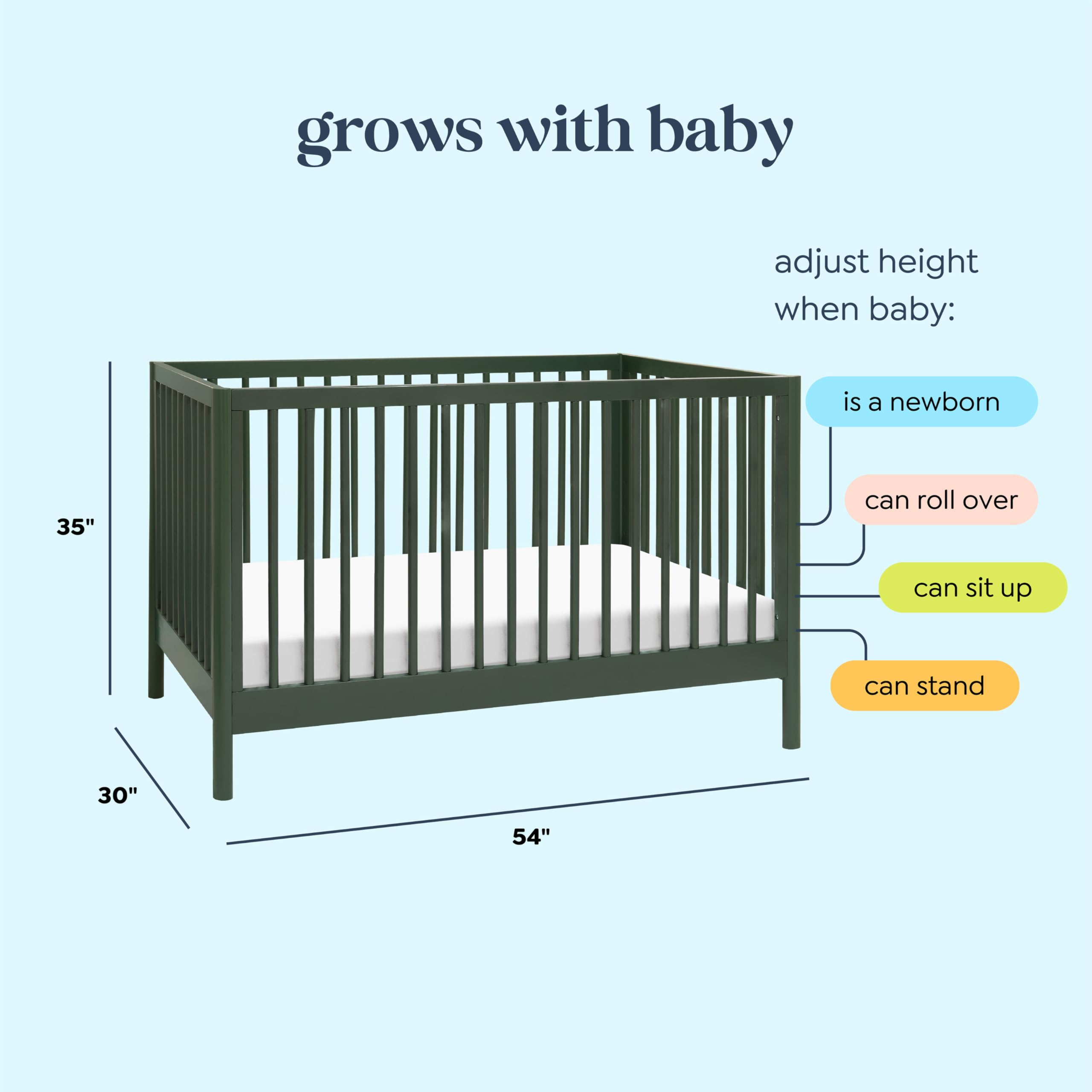 DaVinci Birdie 3-in-1 Convertible Baby Crib to Toddler Bed & Daybed - GREENGUARD Gold Certified, 4 Adjustable Mattress Heights, Durable & Easy Assembly - Forest Green | Nursery, Bedroom & Guest Room Use