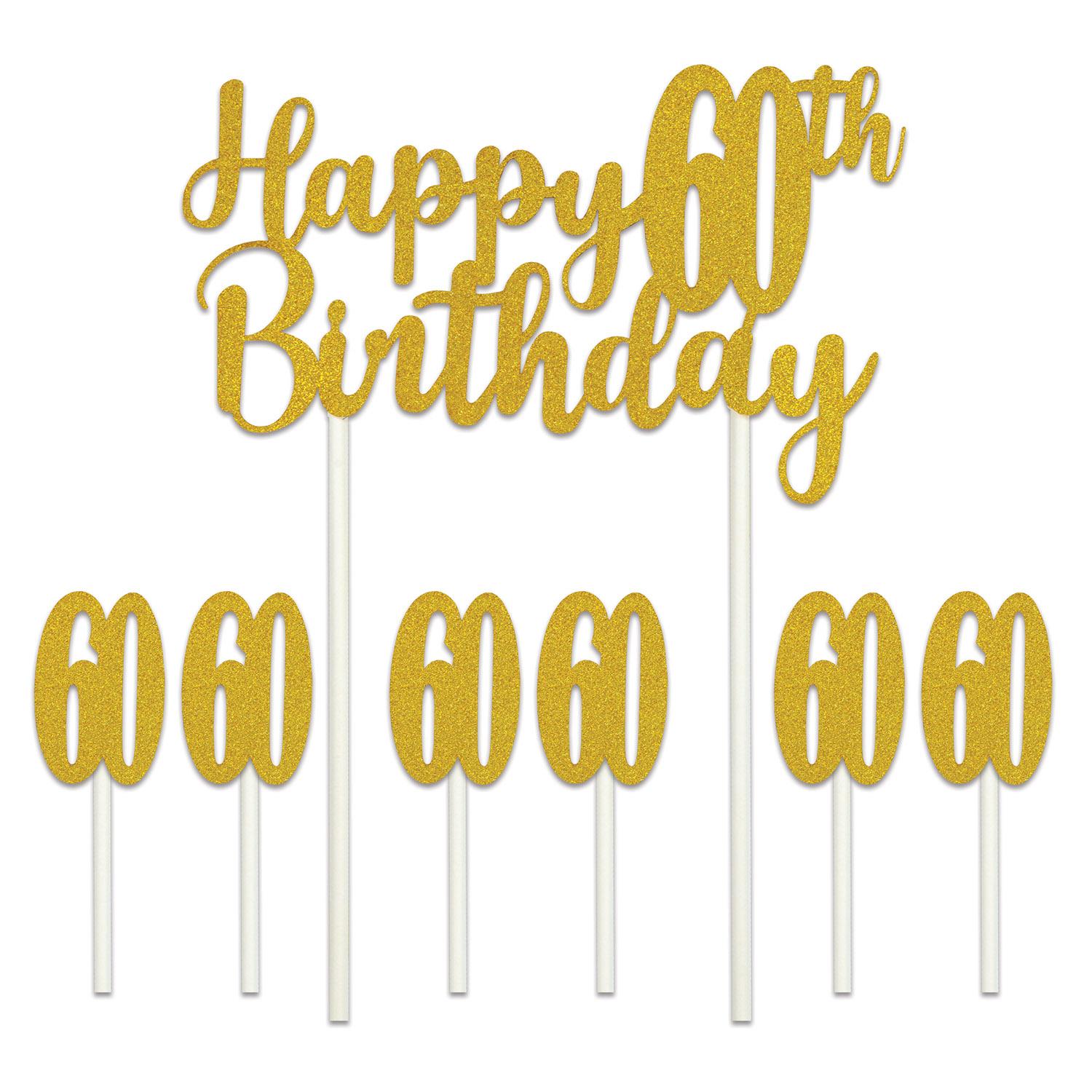 12 Pack Beistle Happy 60th Birthday Cake Toppers - Gold Foil Decorations for Anniversary Celebrations, Retirement Parties & Milestone Events