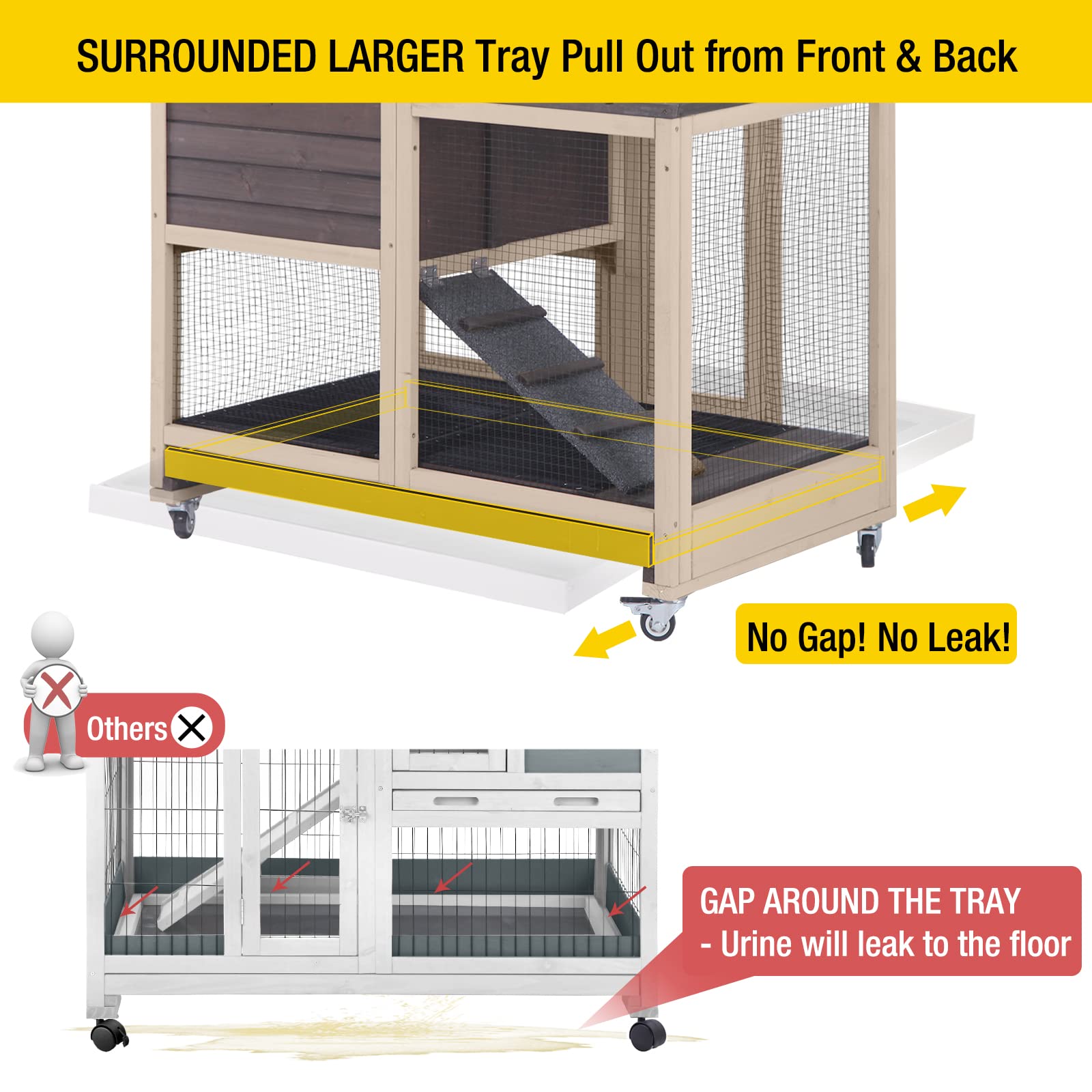 Aivituvin Upgraded Indoor Rabbit Cage with Run - 2 Deep No-Leak Trays & 4 Casters for Outdoor Use (Coffee Brown) - Perfect for Bunny Playtime and Secure Indoor/Outdoor Pet Housing