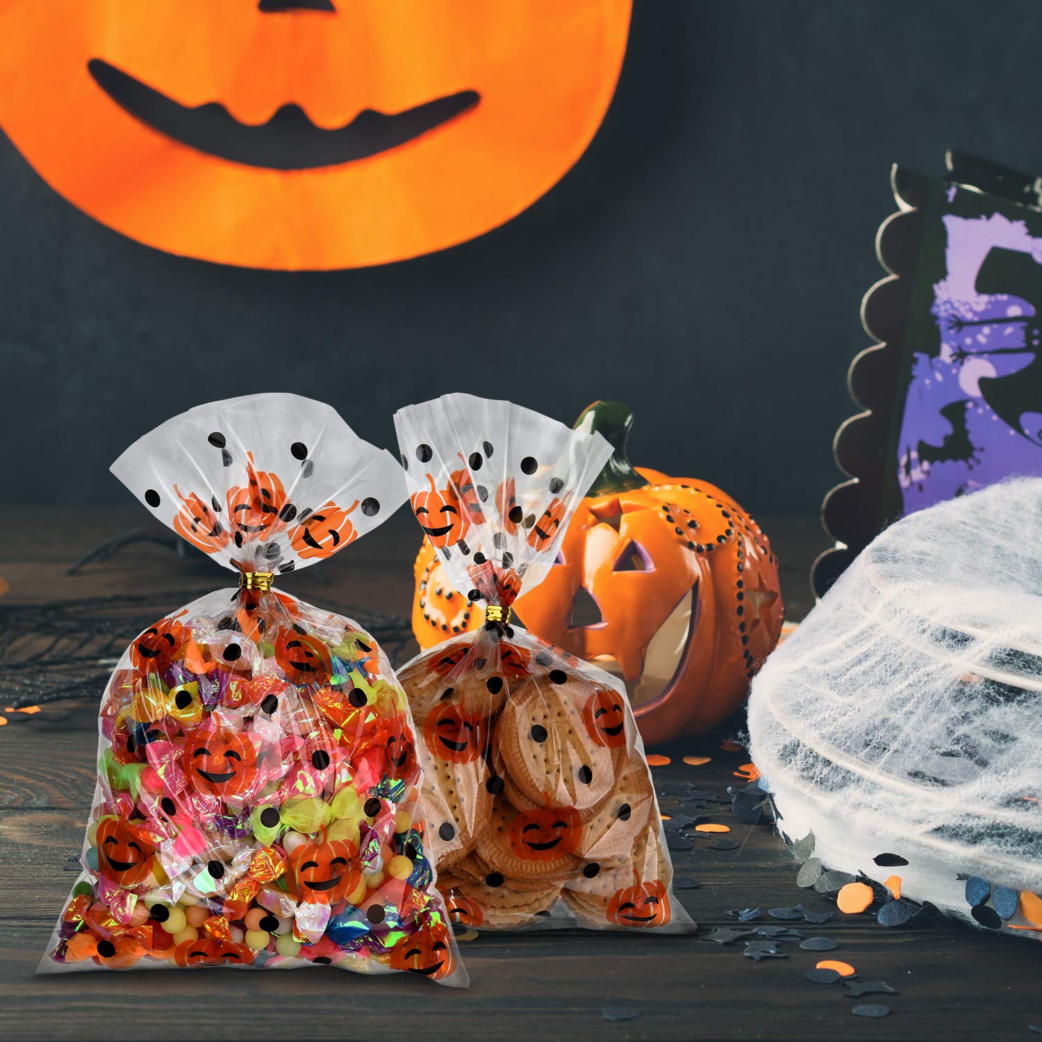 Halloween Pumpkin Print Cone Cellophane Bags - 100 Heat Sealable Treat Bags with Golden Twist Ties for Candy, Party Favors & Gift Giving - Perfect for Trick-or-Treat, Halloween Parties & Classroom Treats