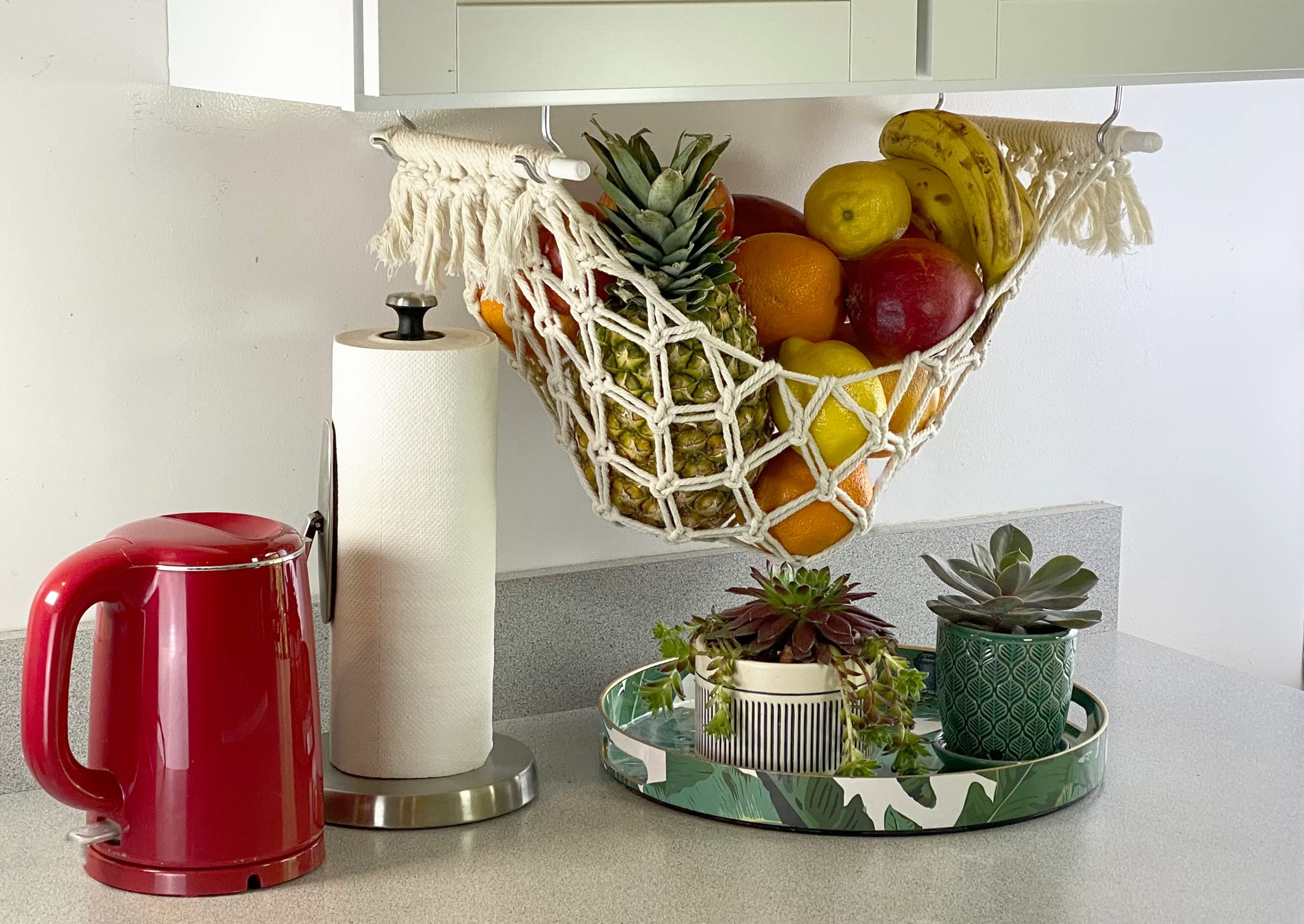 Eco-Friendly White Cotton Under Cabinet Macrame Fruit & Vegetable Hammock - Handmade Boho Design with Fringe - Deep Pocket Hanging Storage Organizer - Perfect for Kitchen, RV, Camper, Boat & Small Space Organization