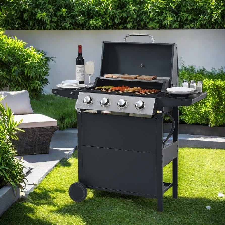 34,000 BTU 4-Burner Propane Gas Grill with 2 Shelves & Bottle Opener - Stainless Steel Outdoor BBQ Grill for Patio, Garden, Backyard Cooking & Grilling - Perfect for Family Gatherings, Tailgating & Camping (Black)