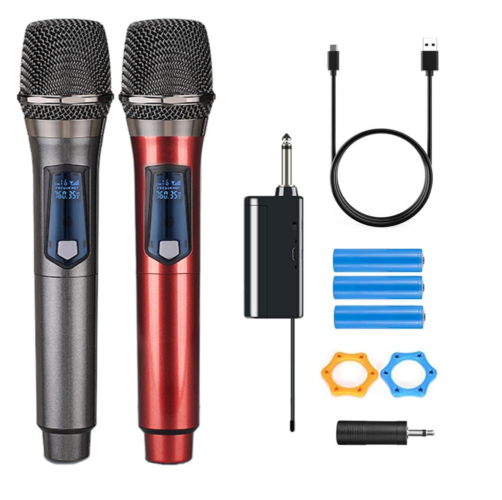 Rechargeable Wireless Dual Microphone System - 200ft Range Karaoke Microphones for Singing, DJ, Party & Events (Gray & Red) - Perfect for Home Karaoke, Wedding Performances, Church Services & Classroom Presentations