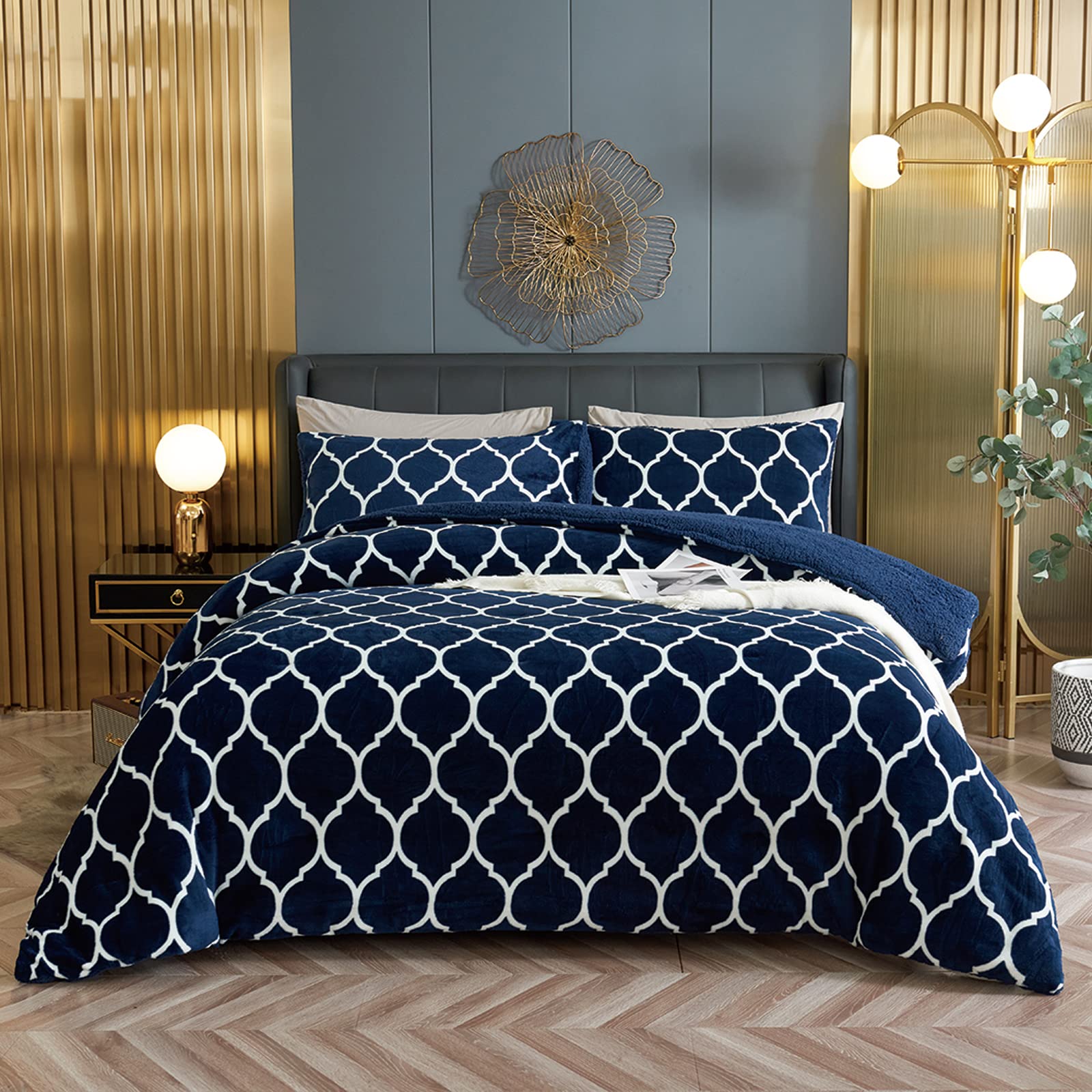BestChic Navy Blue Reversible Sherpa Fleece Comforter Set Queen Size - 3 Piece Ultra Soft Down Alternative Bedding with 2 Pillow Shams (88x88 Inches) - Cozy Winter Bedding for Warm & Stylish Bedroom Decor