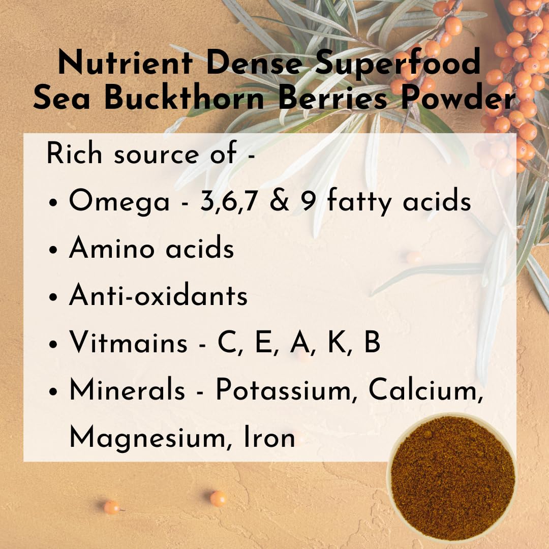 Organic Himalayan Sea Buckthorn Berries Powder - 100g | Rich in Omega 3, 7, 9, Collagen, Fiber, Vitamin C & E | Antioxidant Superfood for Smoothies, Skin Care & Immune Support