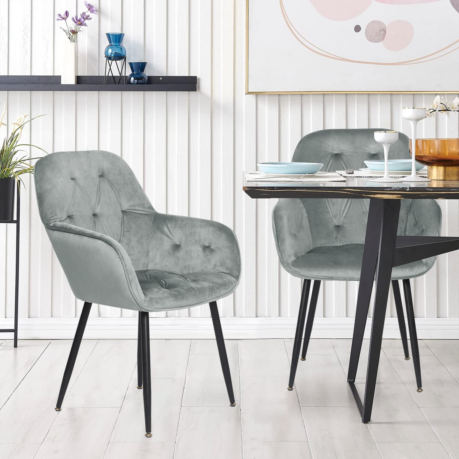 Velvet Dining Chairs Set of 2 - Mid Back Tufted Accent Arm Chairs with Black Metal Legs - Modern Upholstered Leisure Chairs for Living Room, Home Office, Dining Room & Desk (Grey) - Perfect for Small Spaces, Apartments and Cozy Reading Nooks