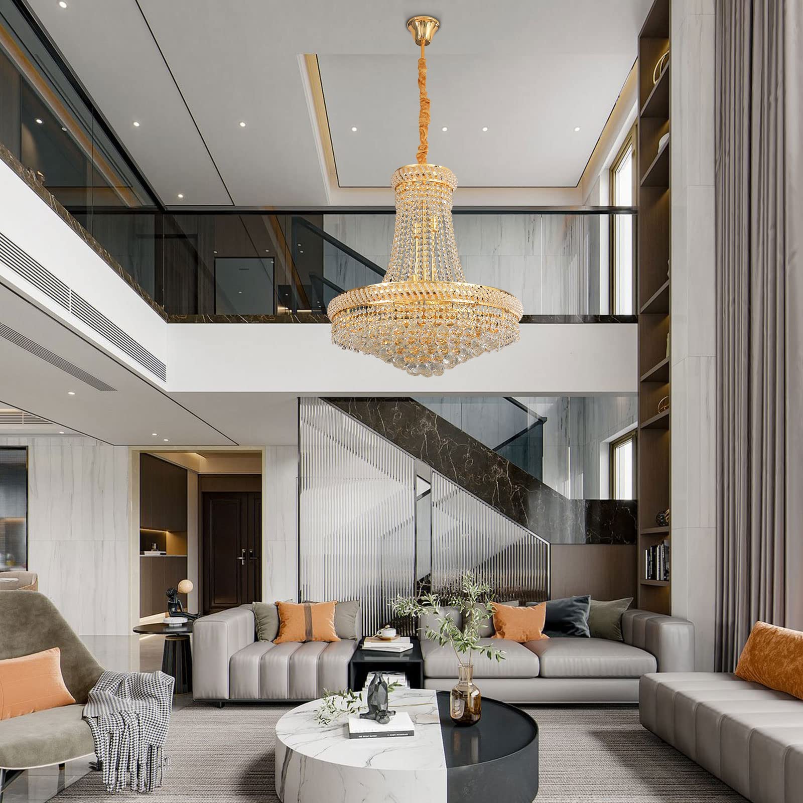 Modern K9 Crystal Chandelier - 14-Light E12 Base Golden Finish Empire Style Ceiling Light Fixture - 23.6