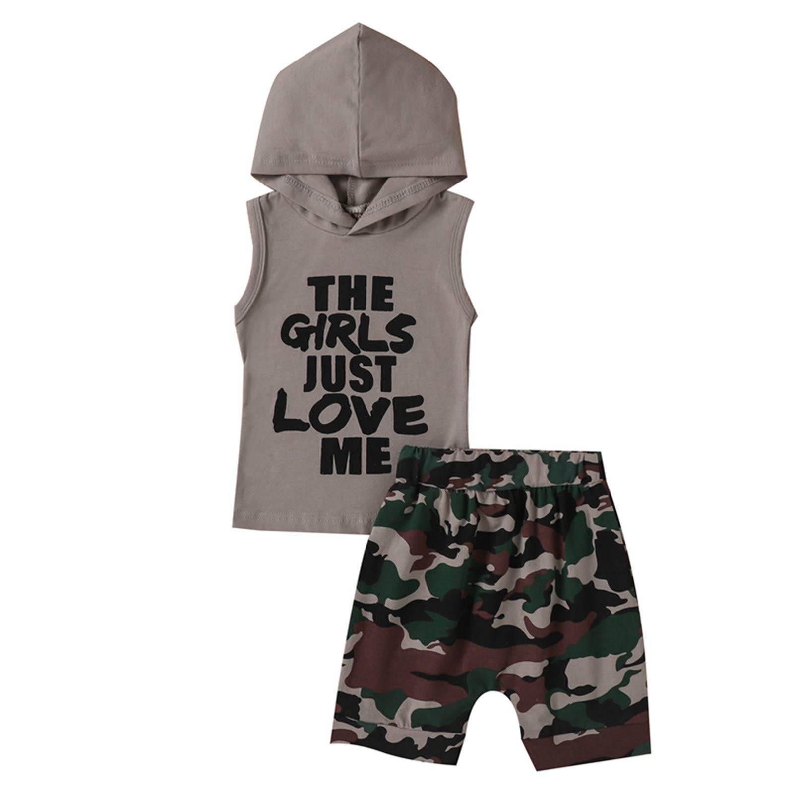 Chyrbaby Toddler Baby Boy Clothes - Letter Print Hoodie & Camo Shorts Set | Summer Outfits for Playdates, Outdoor Adventures & Casual Wear