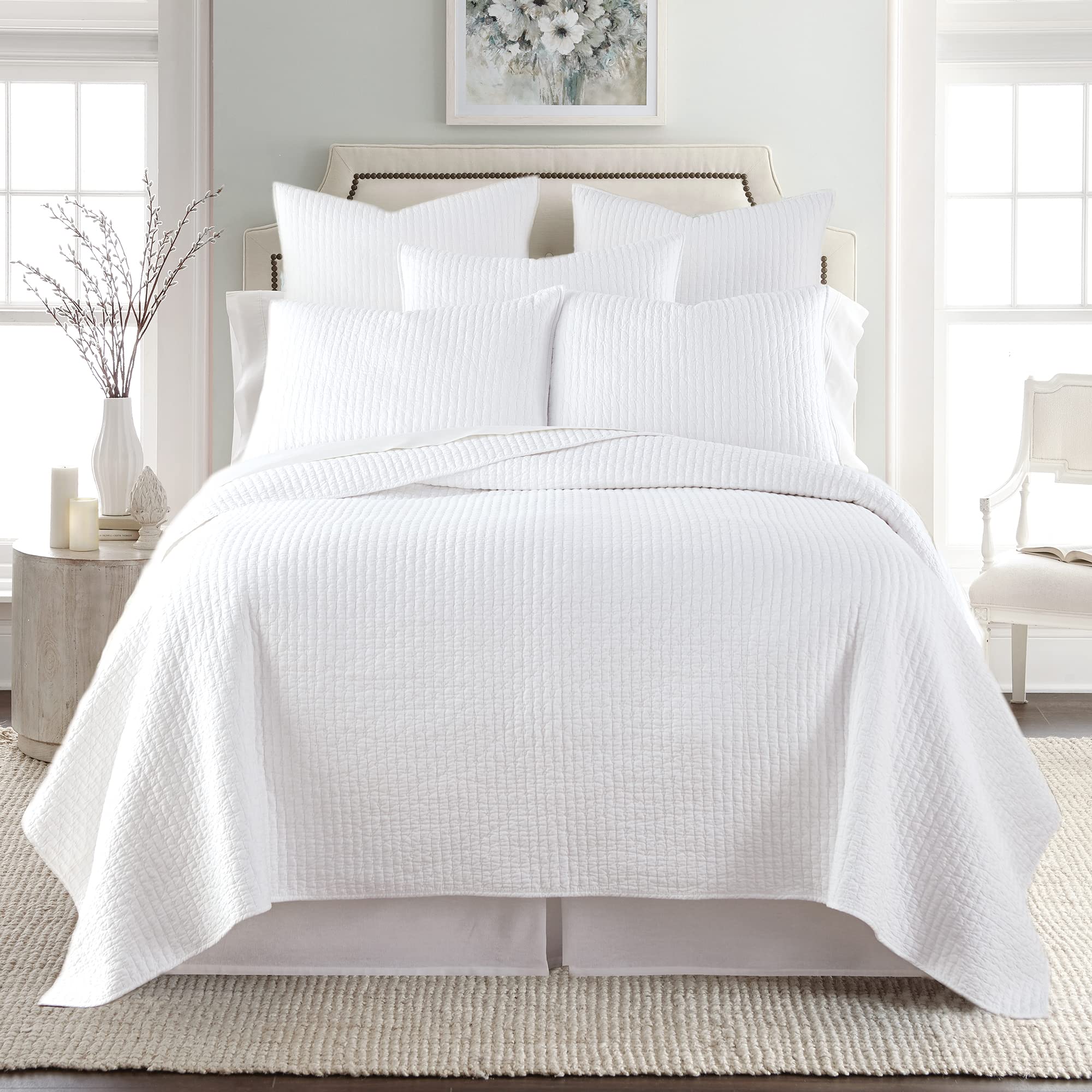 Levtex Home 100% Cotton Reversible Cross Stitch Bright White Quilt Set - Full/Queen Size (88x92in) with 2 Standard Shams (26x20in) - Soft Bedding for Cozy Bedrooms & Guest Rooms