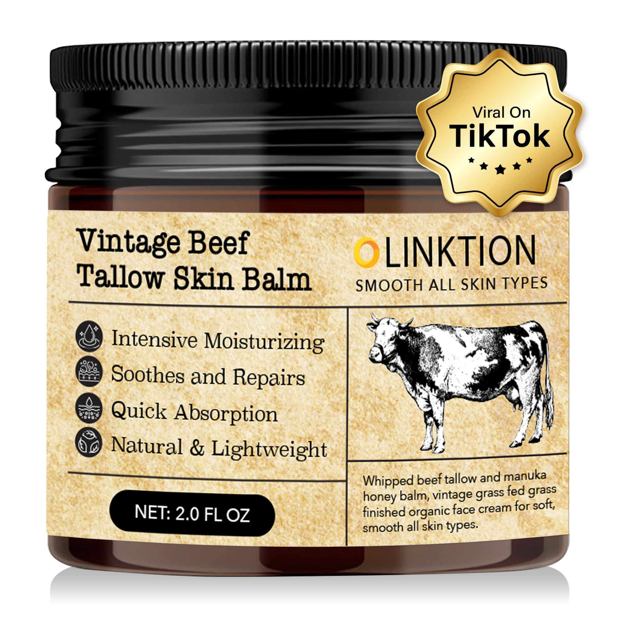 100% Grass-Fed Beef Tallow & Manuka Honey Balm for Face & Body - Organic Moisturizer with Olive Oil for Sensitive Dry Skin Repair - 2 oz - Perfect for Winter Care & Eczema Relief