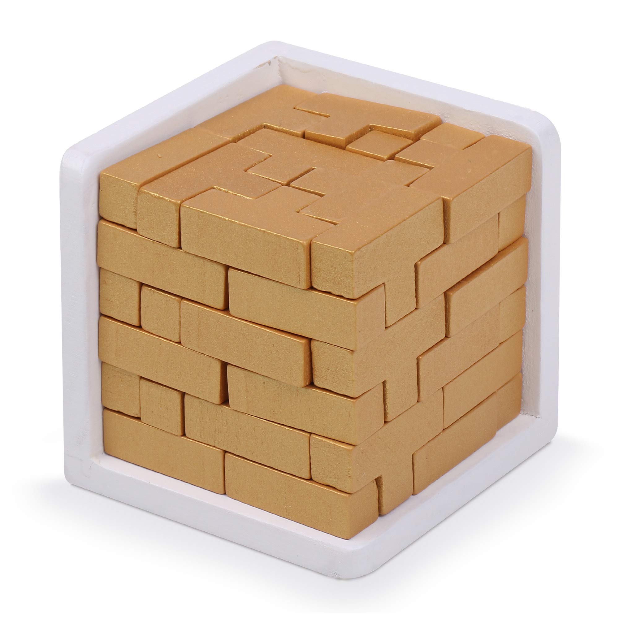 Original 3D Wooden Brain Teaser Puzzle for Kids & Adults - Challenging Logic Game, Educational STEM Toy, Stress Relief Desk Decor - Perfect for Family Game Night, Office Break & Gift Giving (Golden Edition)