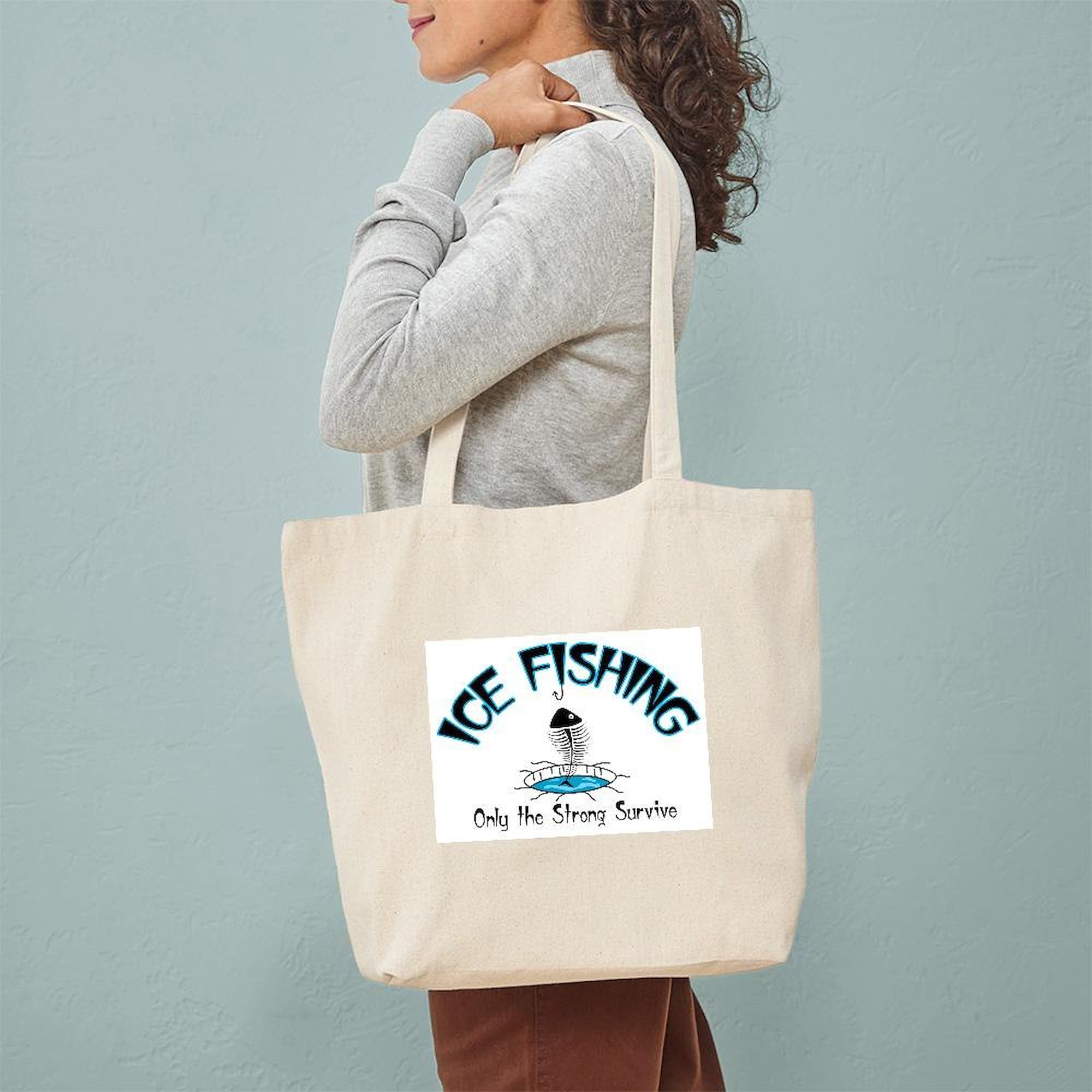 Ice Fishing Tote Bag - Natural Canvas Reusable Shopping Bag for Outdoor Fishing & Grocery Trips