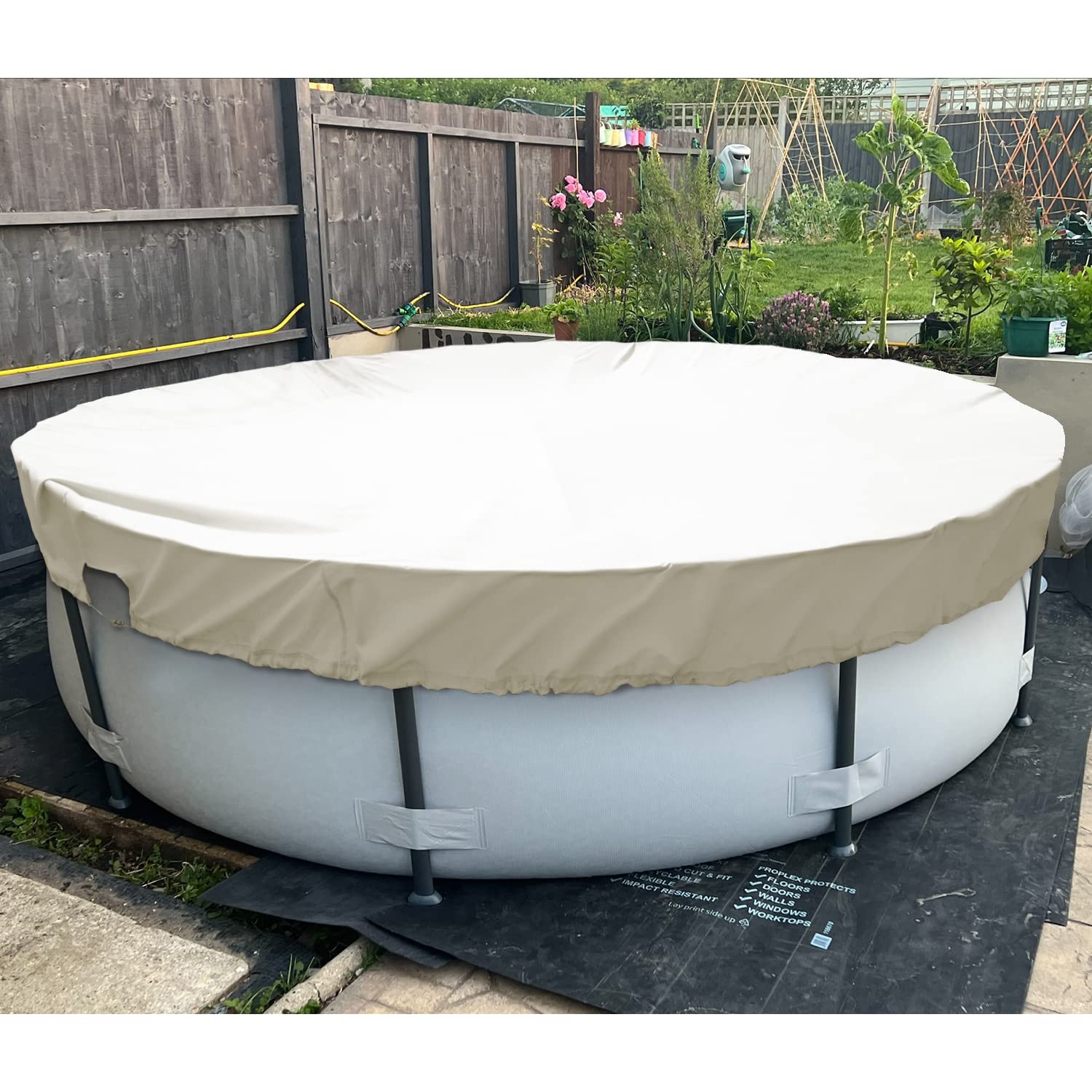 Patio Paradise 8ft Round Above Ground Pool Cover, 11ft Winter Safety Pool Cover with Wire Rope Edging & Winch, Waterproof Beige Leaf Tarp for Year-Round Protection