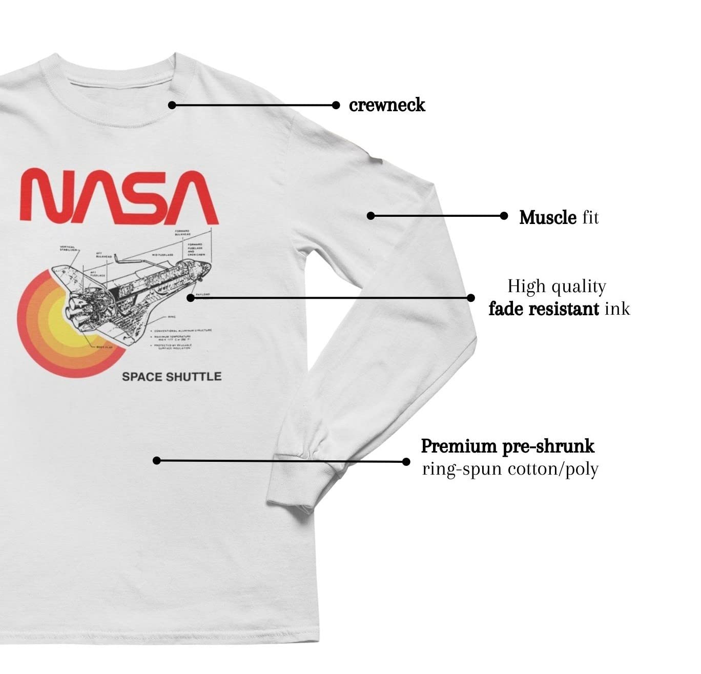 NASA Approved Space Shuttle Diagram Long Sleeve T-Shirt - Pop Threads Graphic Tee for Astronomy Lovers & Science Enthusiasts - Perfect for Casual Wear, Space Themed Events & STEM Education