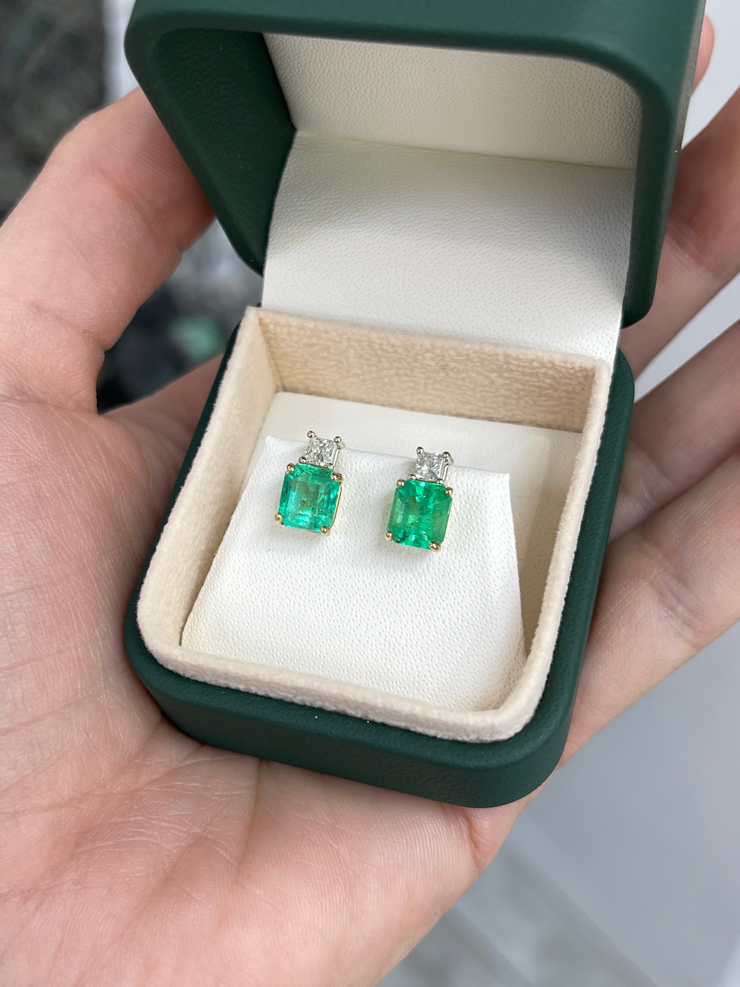 3.10tcw GIA Certified Colombian Emerald & Princess Cut Diamond Earrings in 18K Two-Tone Gold – Perfect for Weddings, Anniversaries & Special Occasions