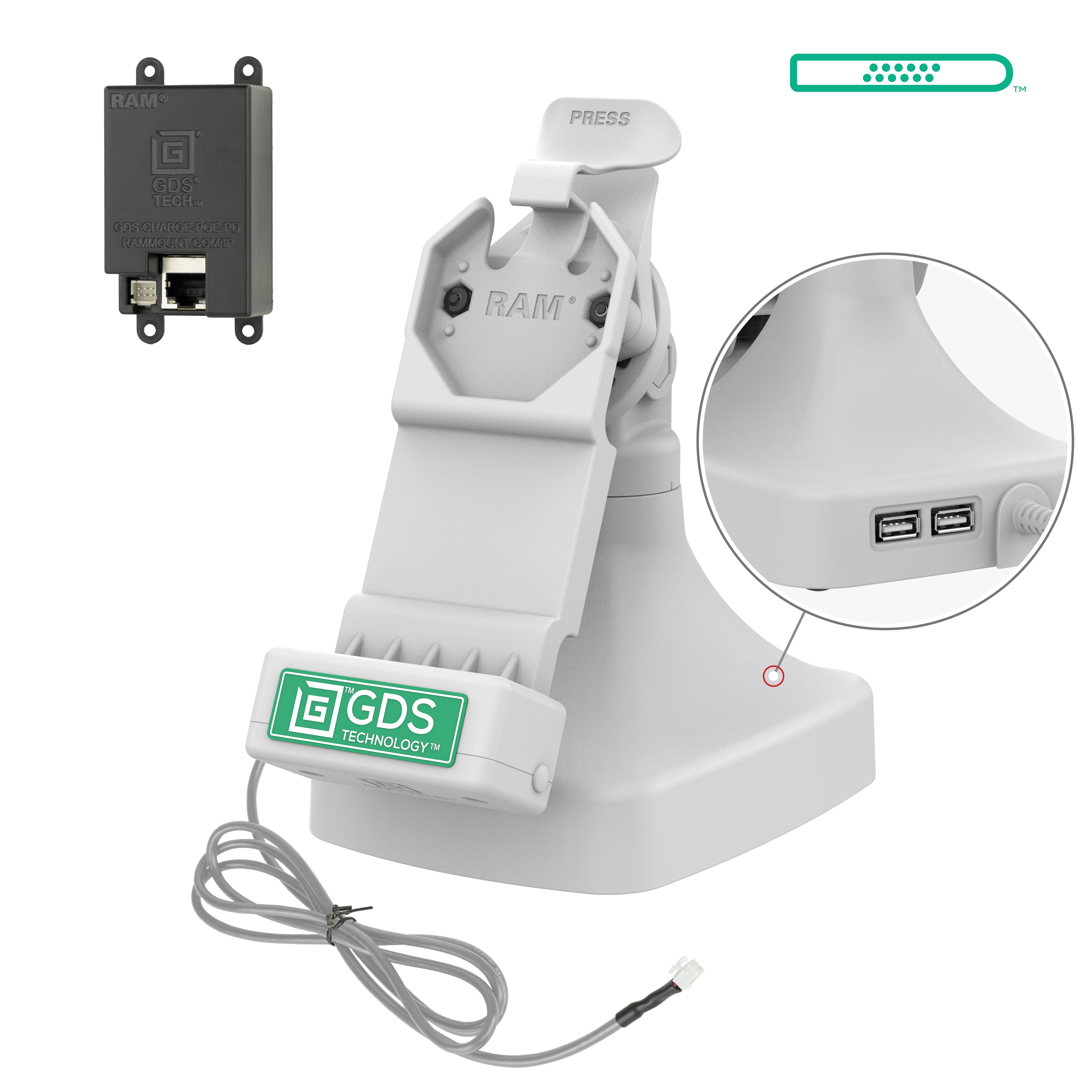 GDS® Uni Conn™ Tilt & Swivel Dock with PoE + Data - Gray (RAM GDS DOCK D14 U1E 2A GRY) - Perfect for Office Workstations, Conference Rooms & Home Office Setups