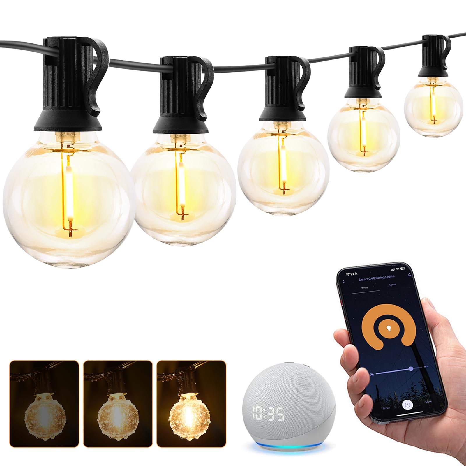 XMCOSY+ Smart Outdoor String Lights - 75Ft G40 Globe Patio Lights with 34 Dimmable LED Bulbs, WiFi & APP Control, Alexa Compatible, Extendable Waterproof LED Lights for Outside, Porch, Backyard - Perfect for Garden Parties, Wedding Decorations, and Outdoor Dining