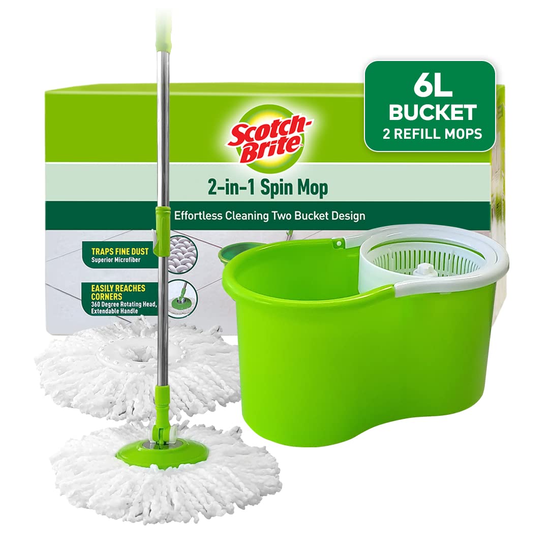 Scotch-Bite 2-in-1 Bucket Spin Mop with 2 Refills (Green, 4-Piece Set) - Easy Floor Cleaning for Hardwood, Tile & Laminate Floors