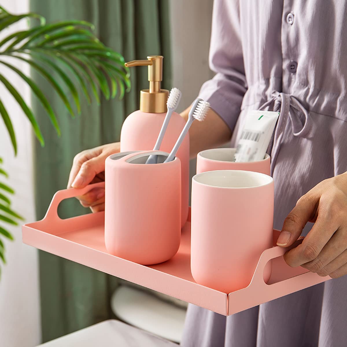 Shisipq 5-Piece Ceramic Bathroom Accessories Set - Soap Dish, Toothbrush Holder, 2 Toothbrush Cups & Lotion Bottle | Modern Bathroom Countertop Organizer for Home Decor & Housewarming Gifts