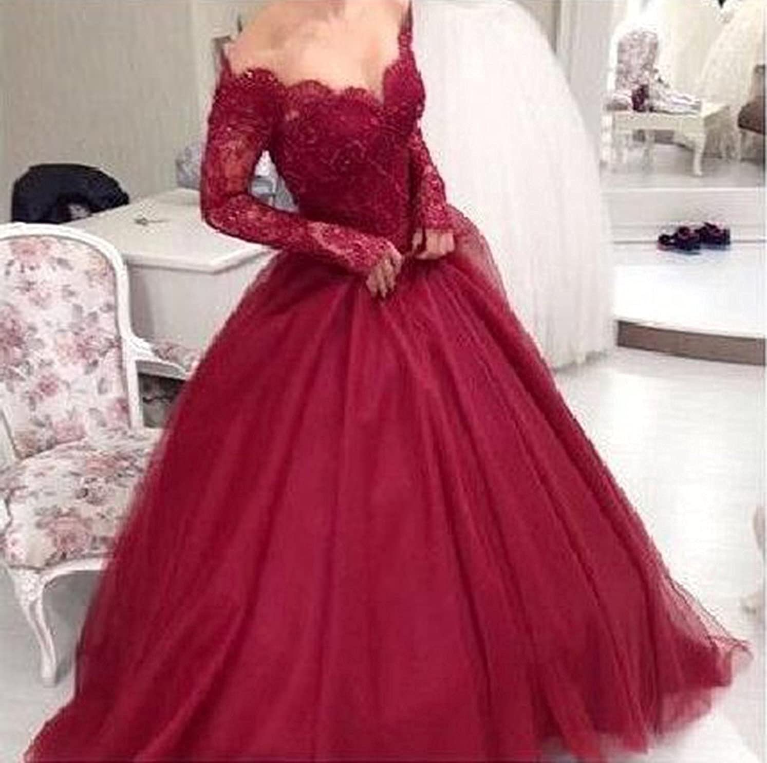 Elegant Off Shoulder Lace Satin Quinceanera Dress for Women - Long Sleeve Formal Prom Gown BD2822C | Perfect for Weddings, Parties & Special Occasions