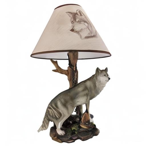 Zeckos Gray Wolf Table Lamp - `Denizen of Twilight` Night Light for Bedroom, Living Room, or Office Decor - Realistic Wolf Sculpture LED Desk Lamp for Home & Gaming Room Ambiance
