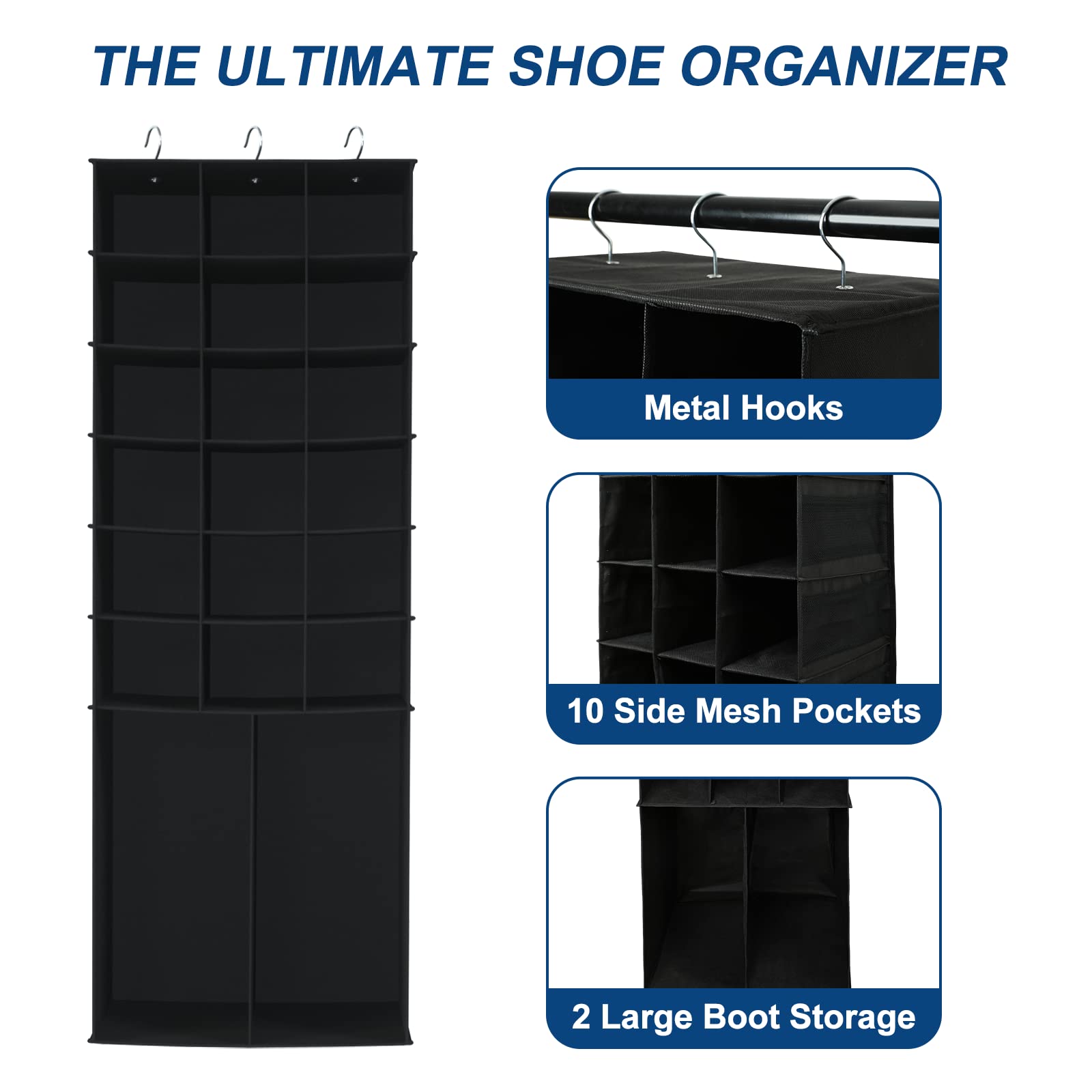 Coastal Rose Hanging Shoe Organizer for Closet - 18+2 Sections with 10 Mesh Pockets, Boot Storage & Closet Organization - Black | Perfect for Small Spaces, Bedroom, Entryway & Dorm Room Storage Solutions