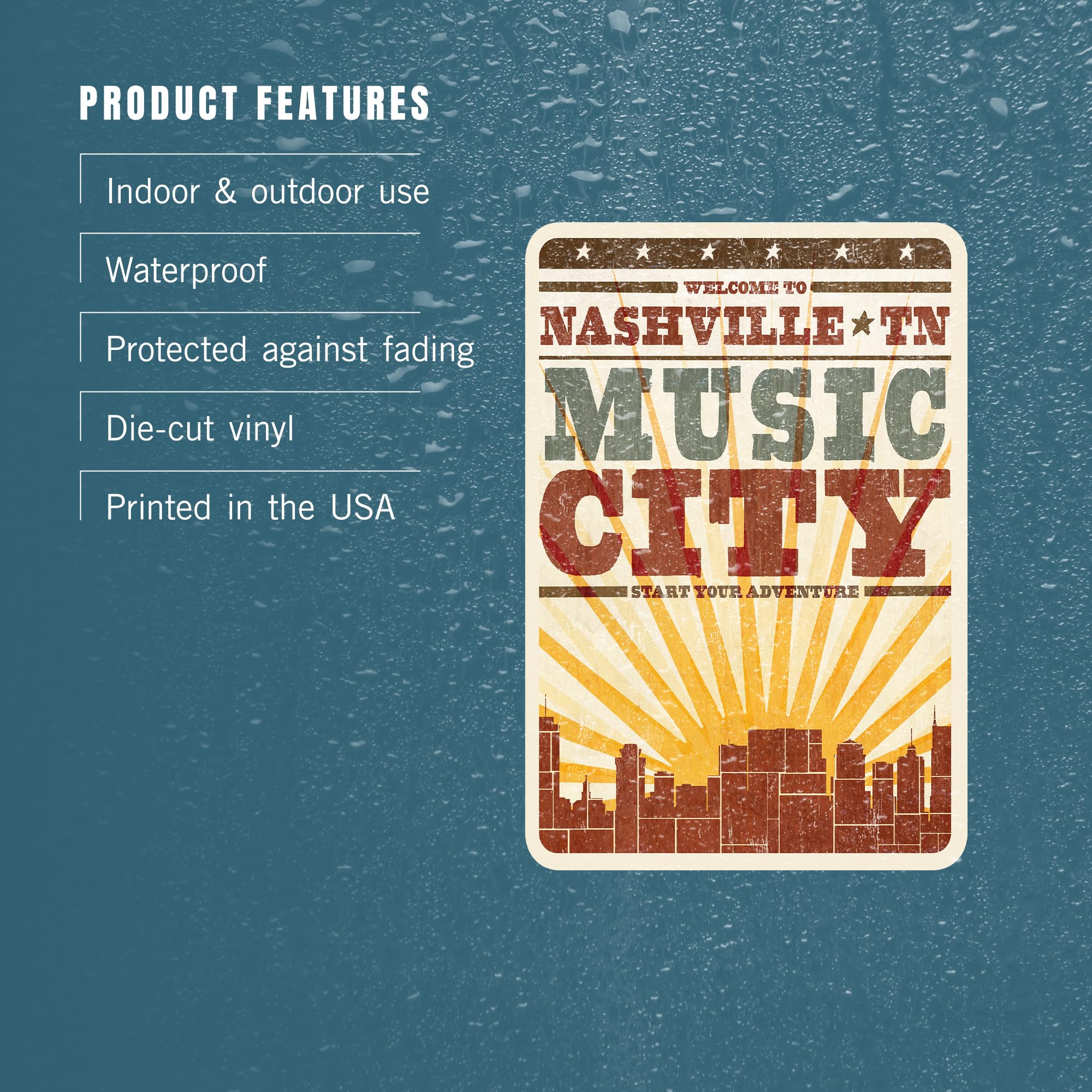 Nashville Tennessee Die Cut Vinyl Stickers - 3 to 6 Inch Waterproof Decals with Sunburst Design for Cars, Laptops, Water Bottles & Coolers | Perfect for Travel Lovers, Music Fans & City Pride Decor