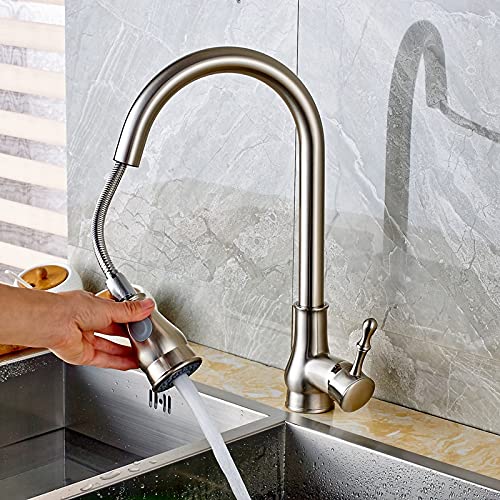 OMOONS Brushed Nickel Single Lever Kitchen Faucet with Pull Down Sprayer - Hot & Cold Water Mixer Tap for Farmhouse, Bar, Commercial Sinks - Ideal for Cooking, Washing Dishes, and Food Prep