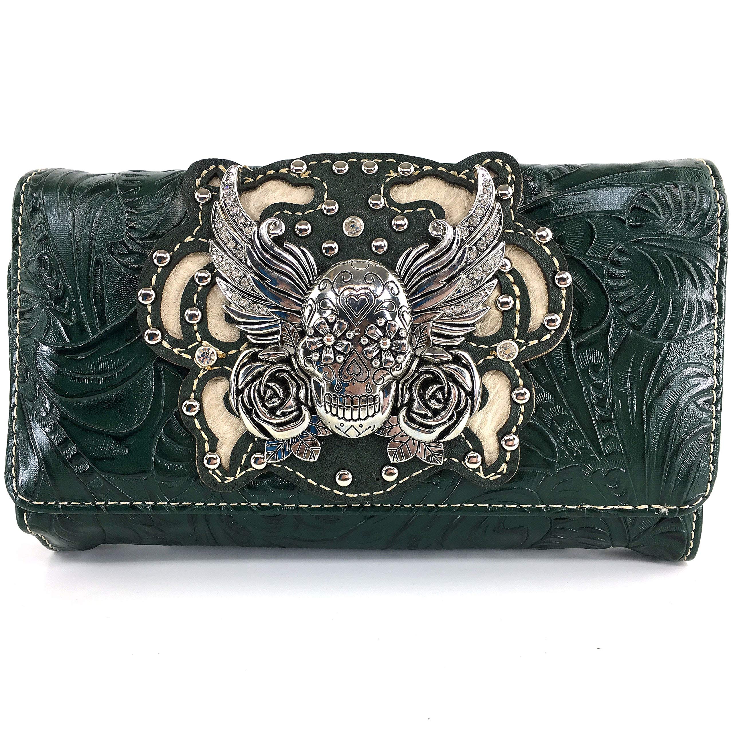 Zelris Sugar Skull Roses Angel Wing Women's Crossbody Wristlet Trifold Wallet - Stylish Gothic Handbag for Parties, Concerts & Everyday Use