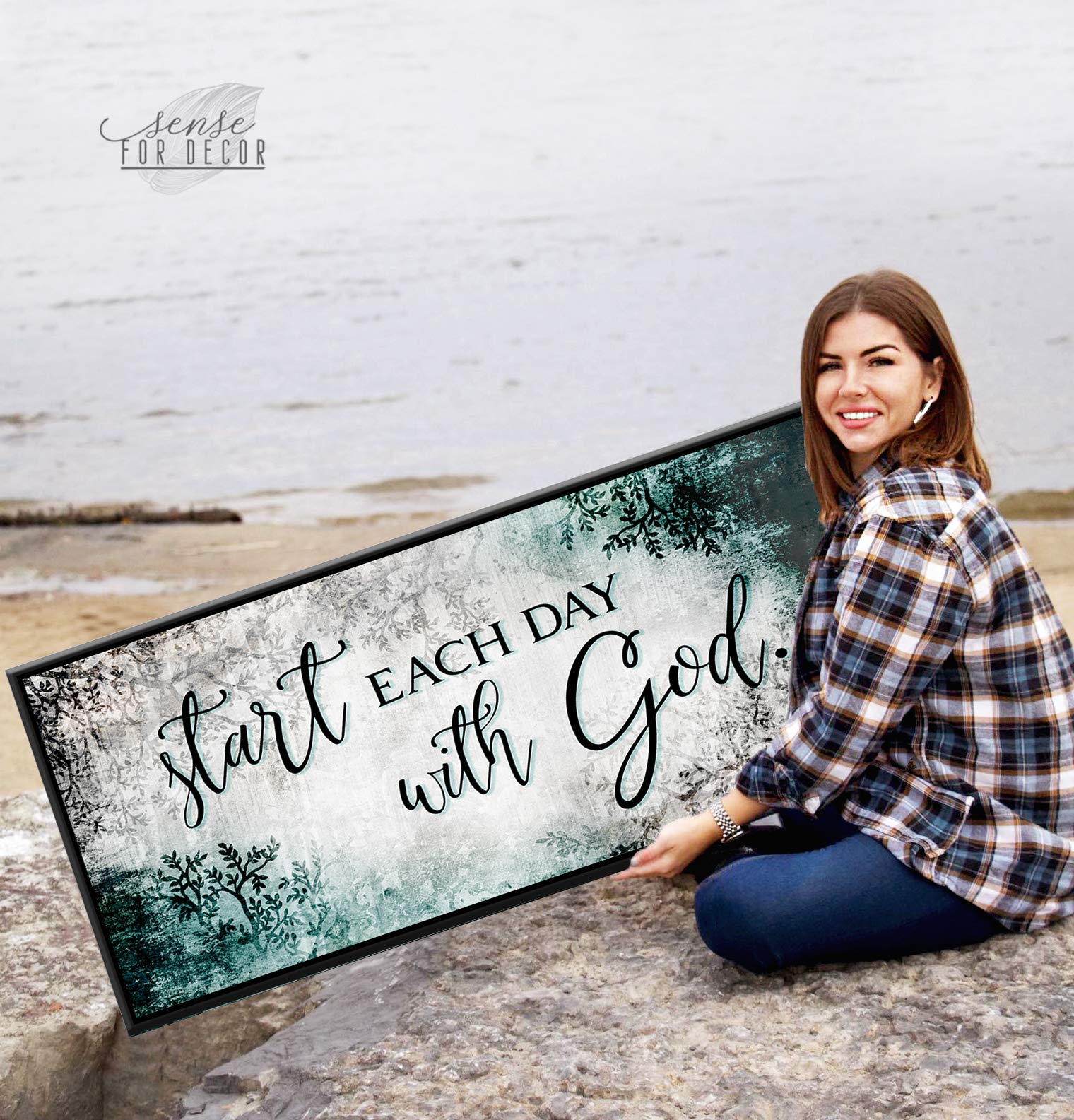 Start Each Day With God - Inspirational Religious Wall Decor with Positive Quotes, Teal & Black Floating Frame 42x19, Perfect for Bedroom, Living Room & Spiritual Spaces