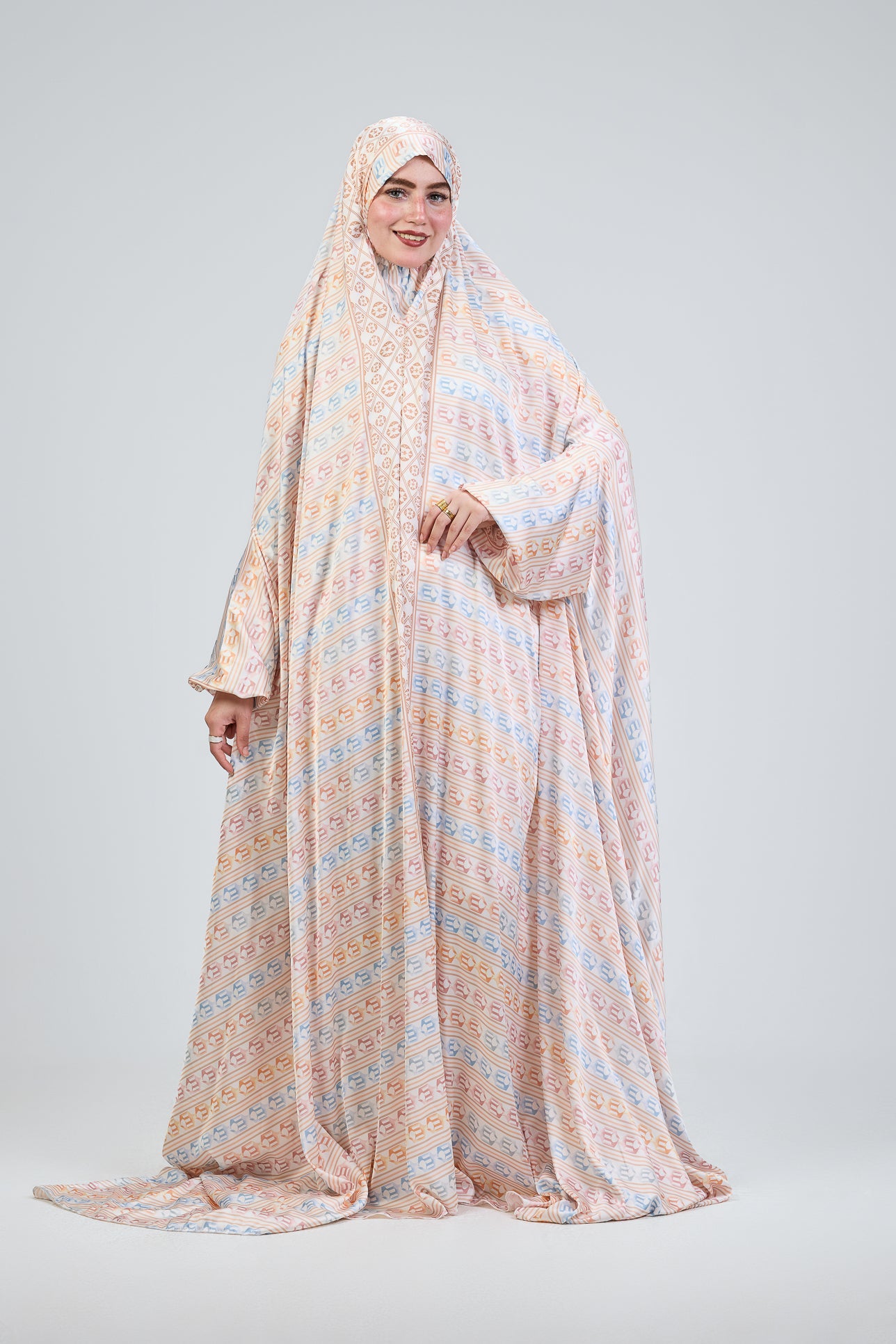 Elegant Peach Satin Prayer Gown with Pouch & Cuffs - Modest Islamic Nightgown for Women - Perfect for Ramadan, Eid, and Special Occasions