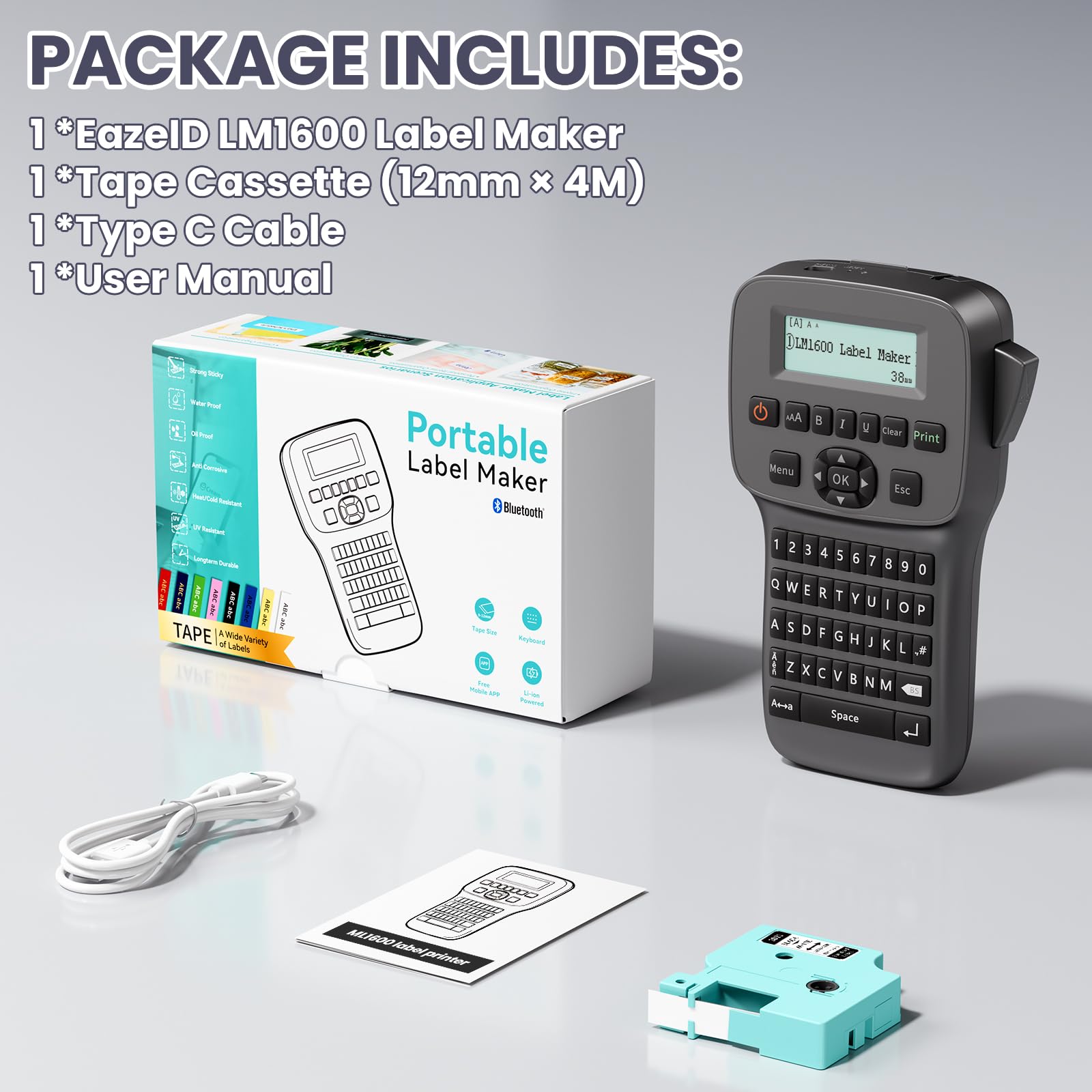 Waterproof Rechargeable Label Maker Machine with Backlit Screen & Bluetooth - Portable Keyboard Labeler with Tapes for School, Office, Industrial Use - LM1600 Black - Perfect for Organizing Files, Storage Boxes, and Equipment Labeling