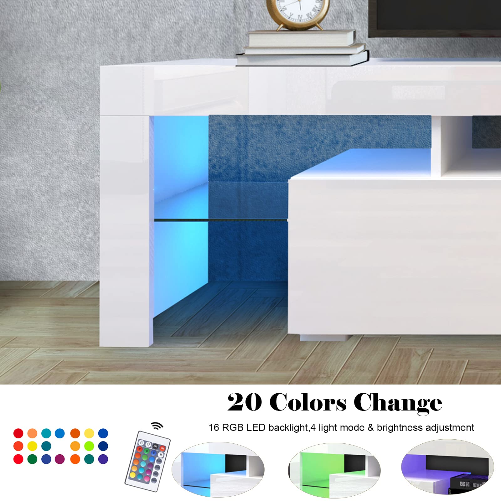 Modern LED TV Stand with 16-Color RGB Lighting - Media Storage Console with 2 Drawers for 70 Inch TVs - Living Room Entertainment Center for Gaming & Movie Nights
