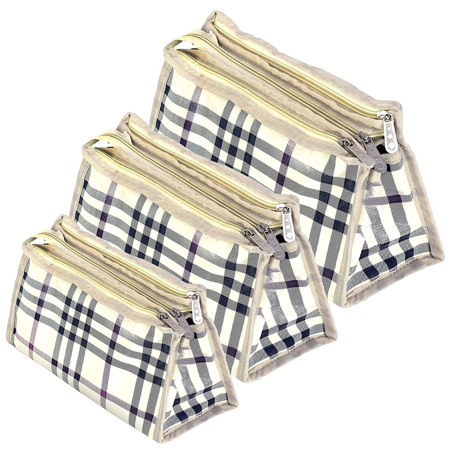 PRISMAXIC 3-Piece Travel Pouch Set - Waterproof Toiletry Bag, Cosmetic Organizer & Stationery Case for Makeup, Shaving, Pens & Pencils (White Checkered Pattern) - Perfect for Travel, Gym, Camping & Daily Organization