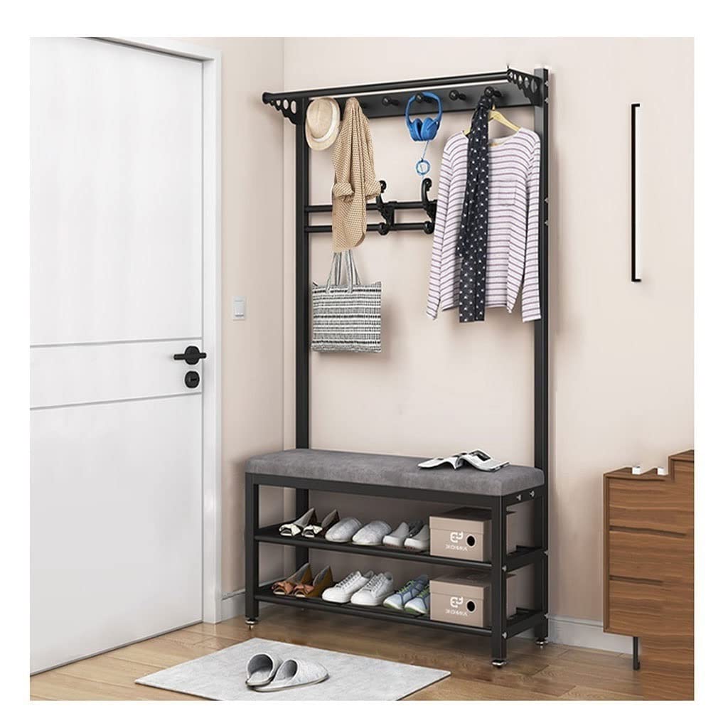 Modern Coat Rack Stand with 10 Hooks, 3-Tier Shoe Storage & Bench - Entryway Hall Tree for Bedroom, Living Room - Black Metal Frame (80x33x170cm) | Perfect for Organizing Coats, Shoes & Accessories in Small Spaces
