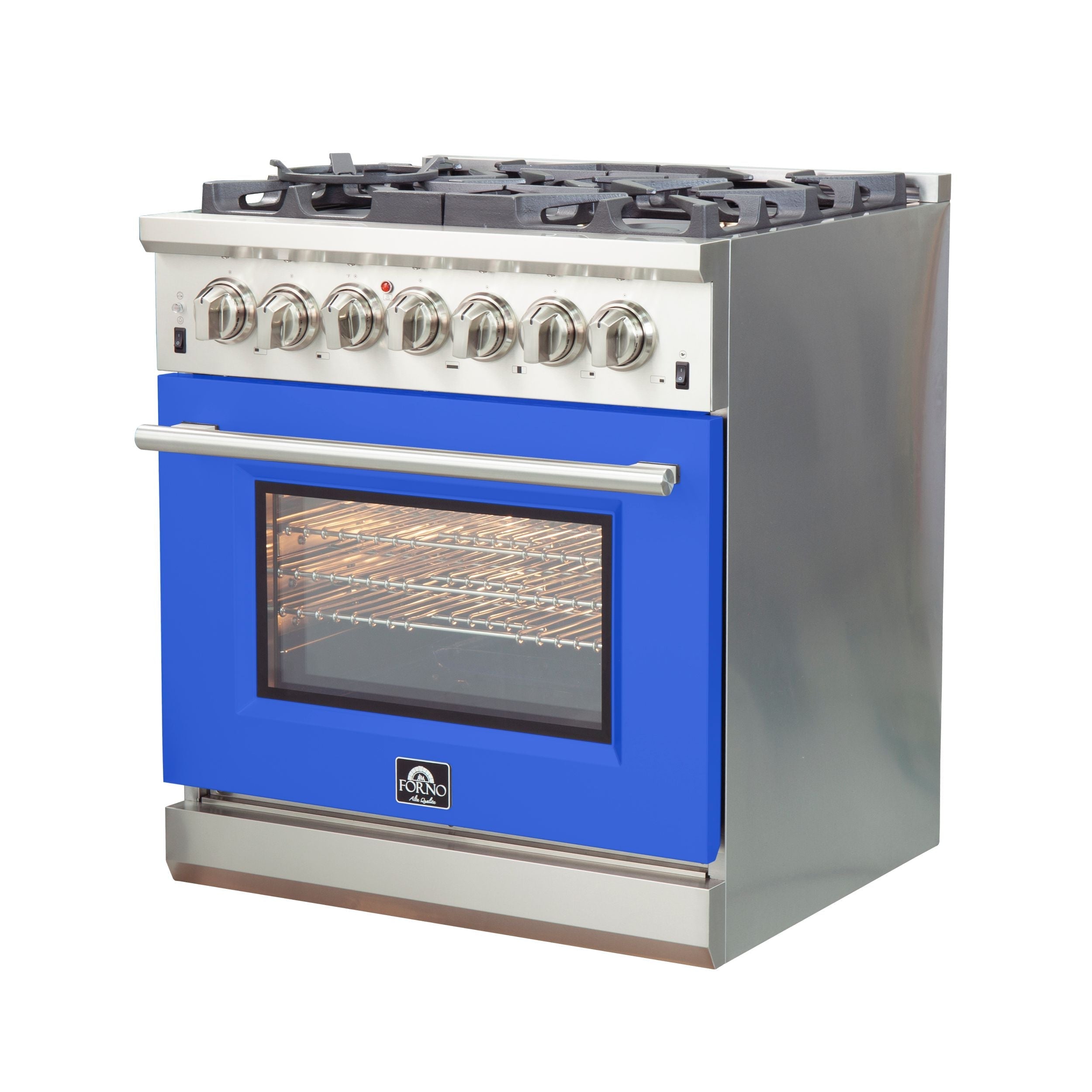 Forno 30 Inch Capriasca Dual Fuel Range - 5 Gas Burners & 240V Electric Oven - Stainless Steel with Blue Door (FFSGS6187 30BLU) - Perfect for Home Kitchens & Professional Chefs